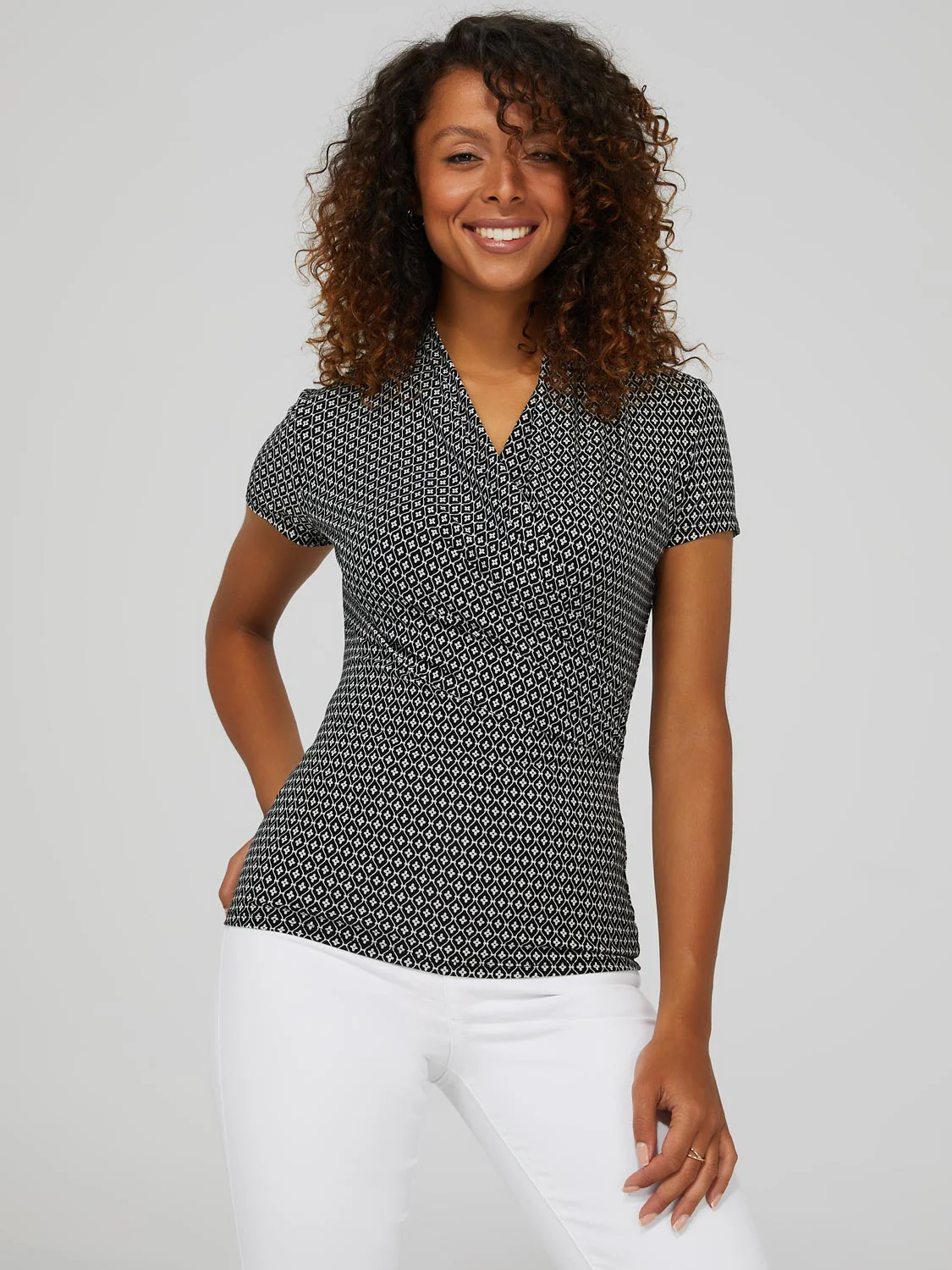Print Short Sleeve Crossover Front Top