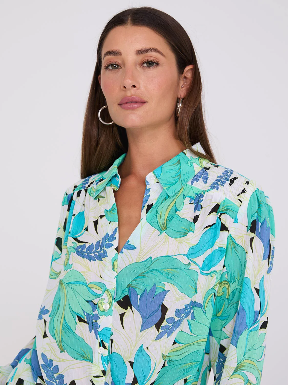 Printed Button-Front Blouse With Tie Front