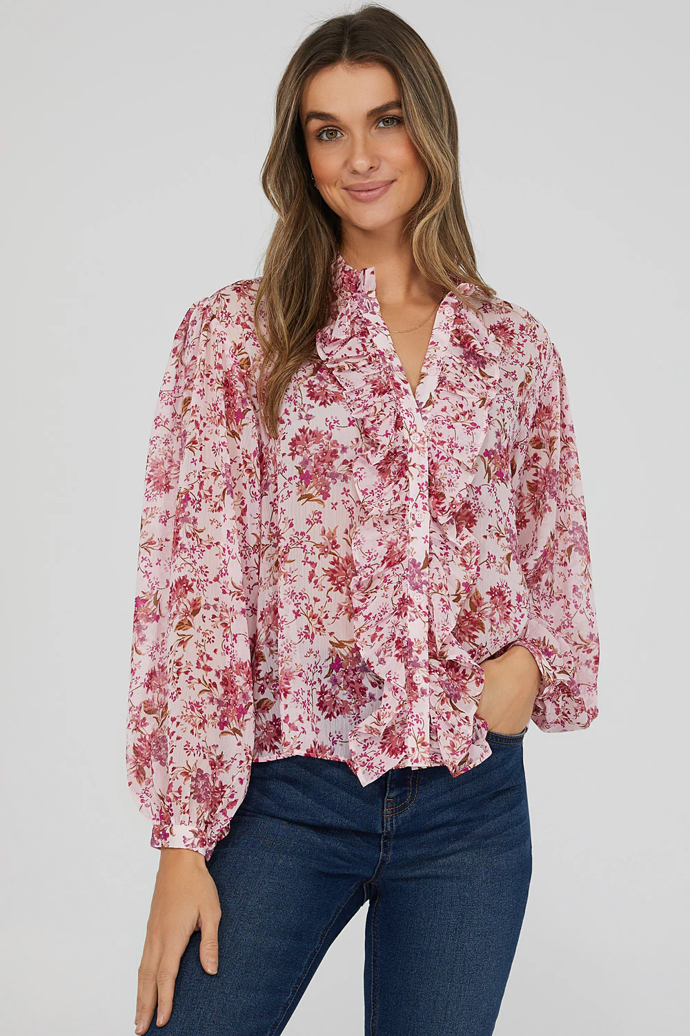 Printed Ruffled Long Sleeve Blouse