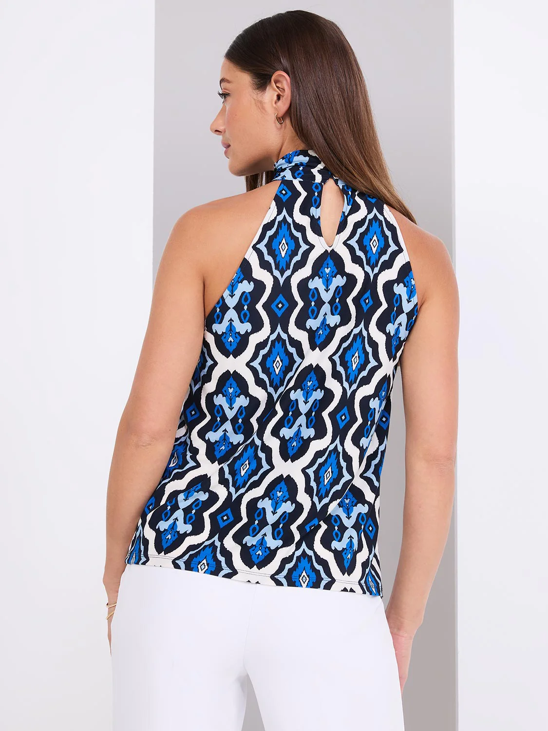 Tile Print Mock Neck Halter Top