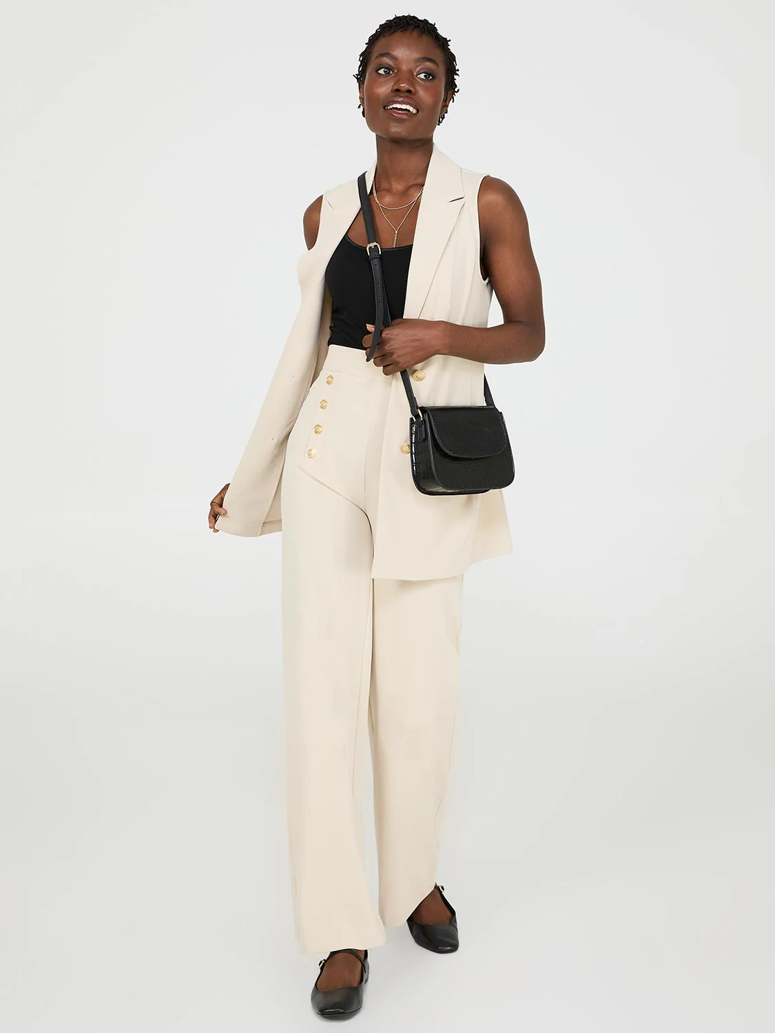 Wide-Leg Ankle Length Pants With Gold Button Details
