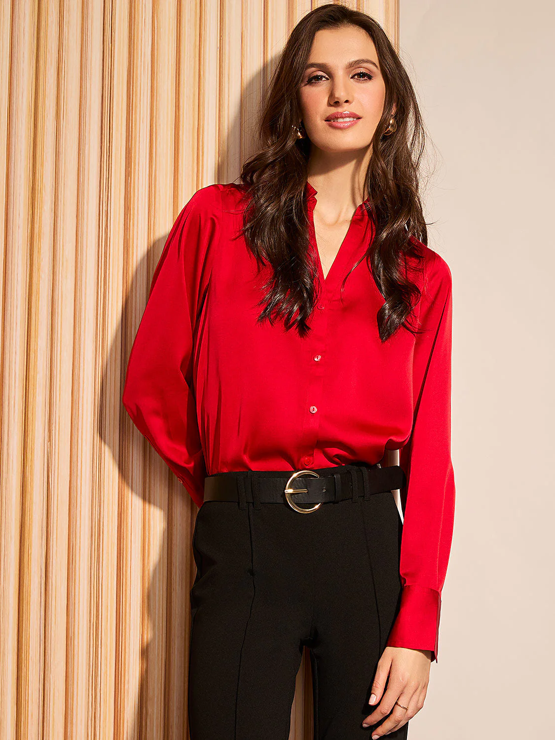 Satin Split Neck Button-Front Blouse