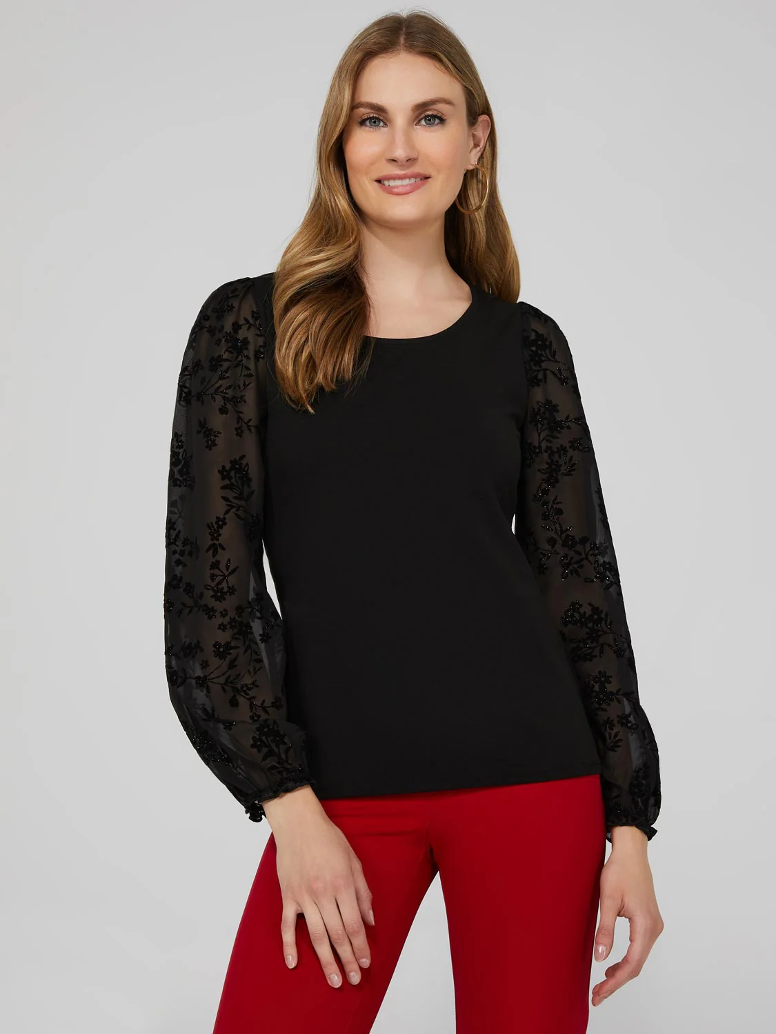 Round Neck Top With Sheer Chiffon Long Sleeves