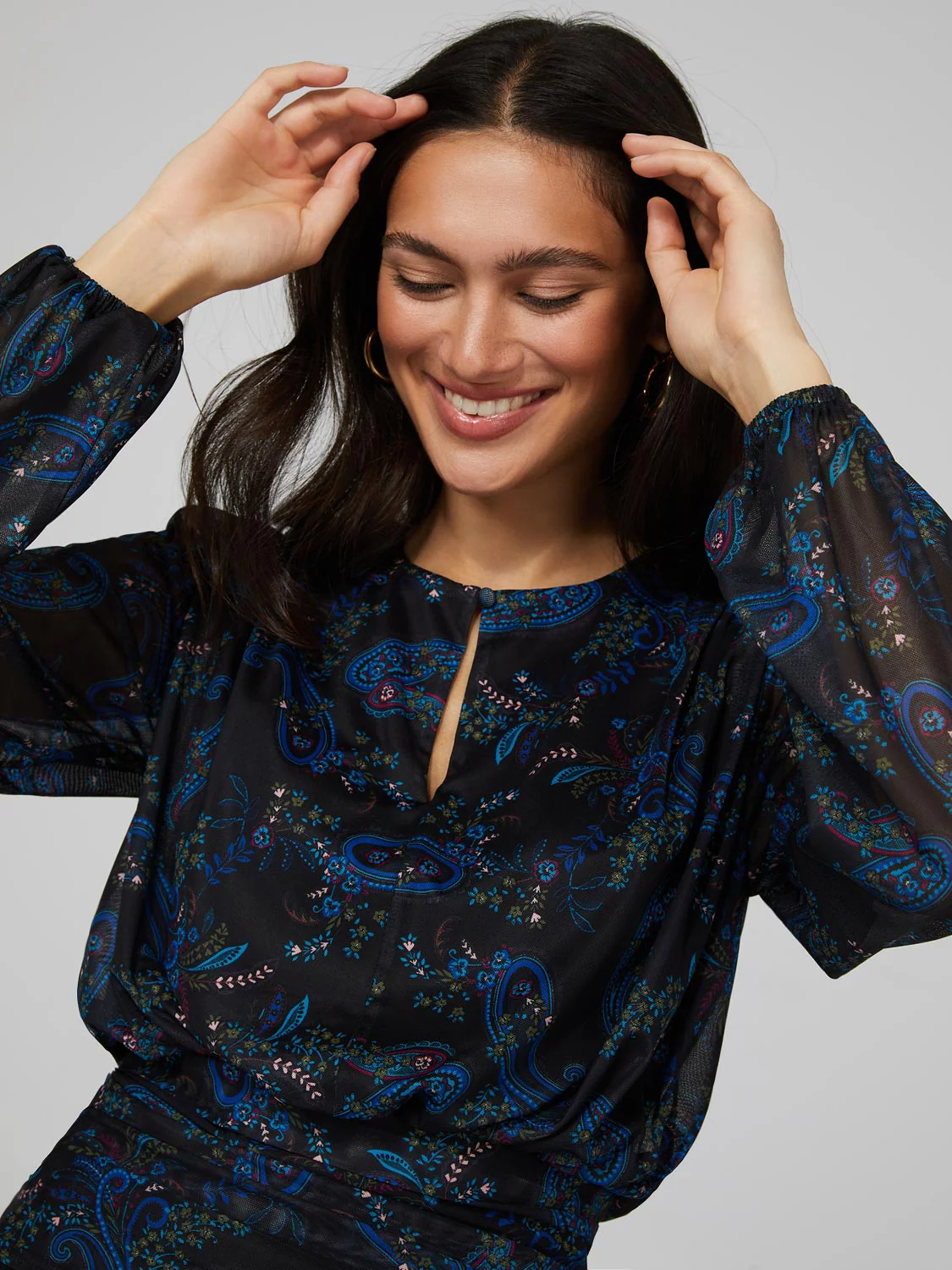 Paisley Print Mesh Top With Pleated Bottom Band