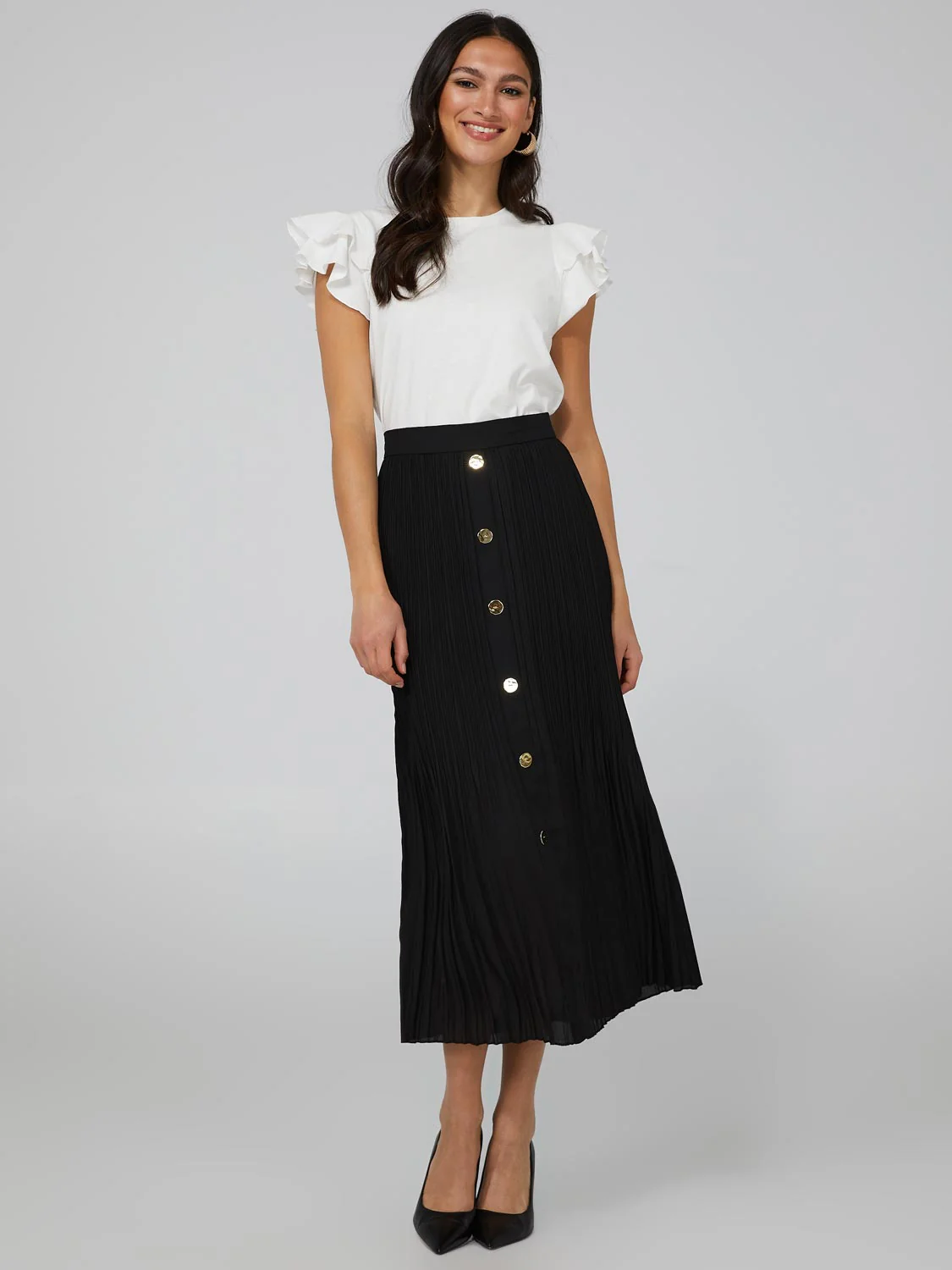 Pleated Chiffon Button-Front Skirt With Belt