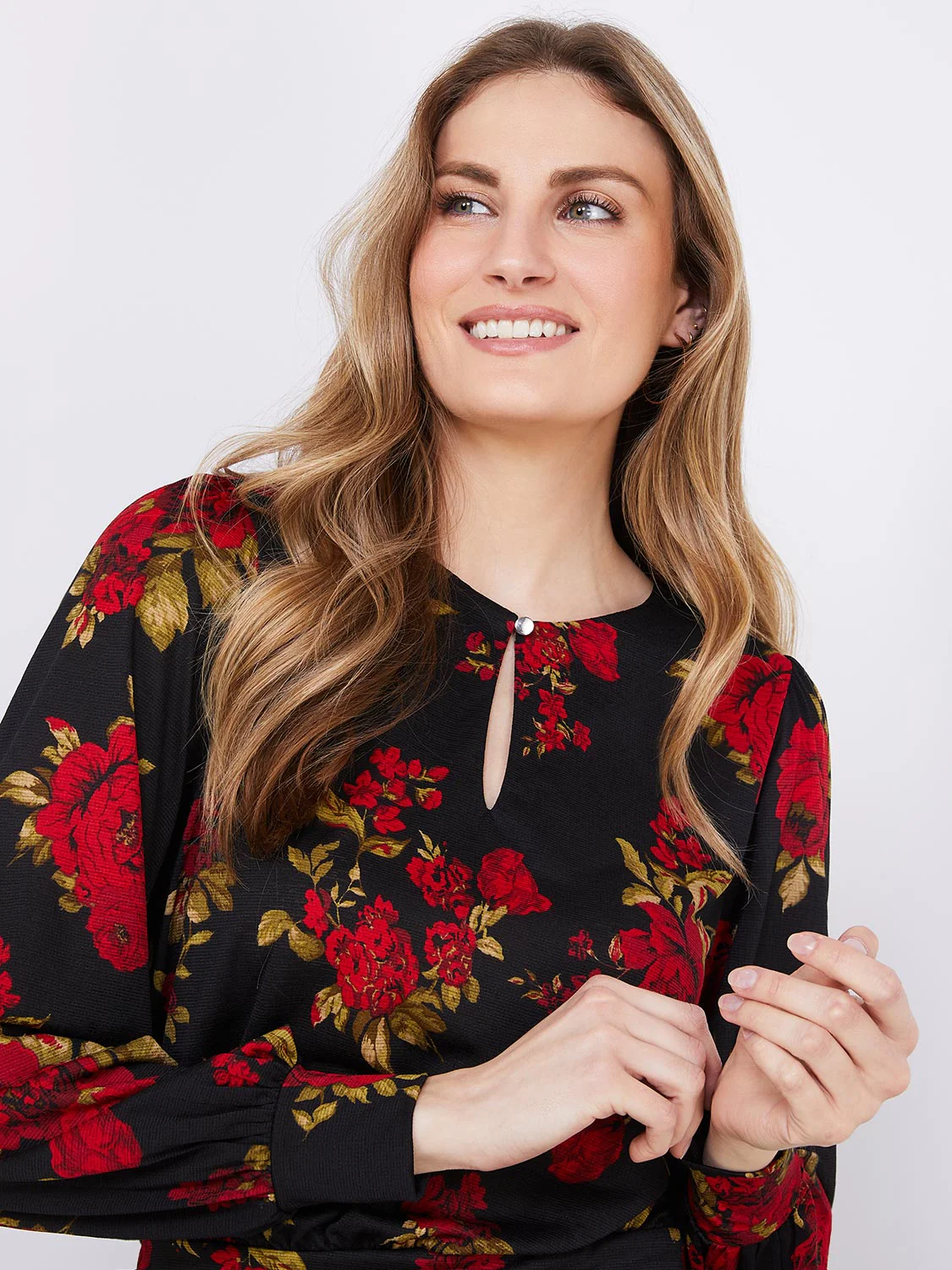 Textured Floral Print Top With Front Keyhole