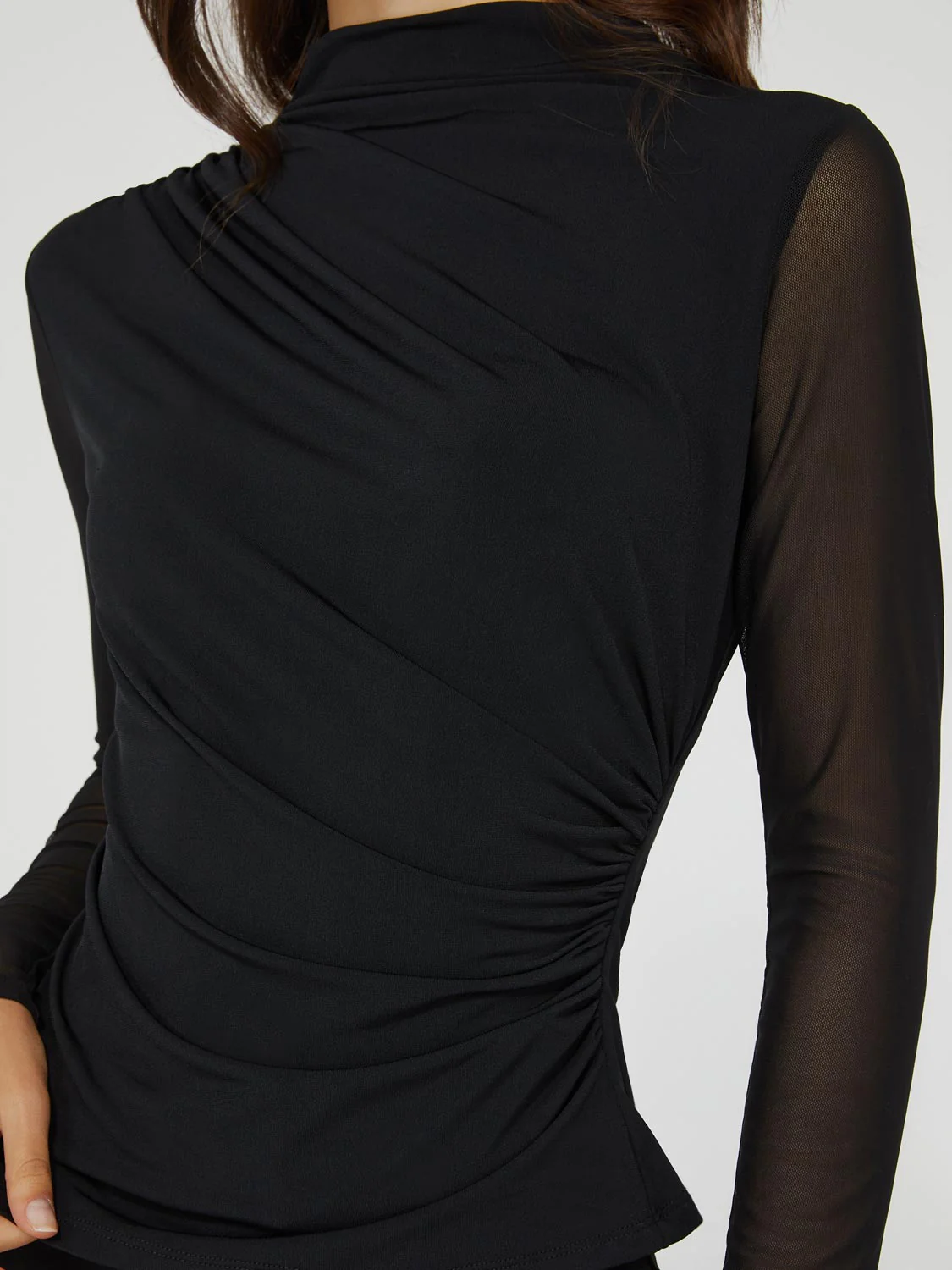Mock Neck Ruched Jersey Top With Mesh Long Sleeves