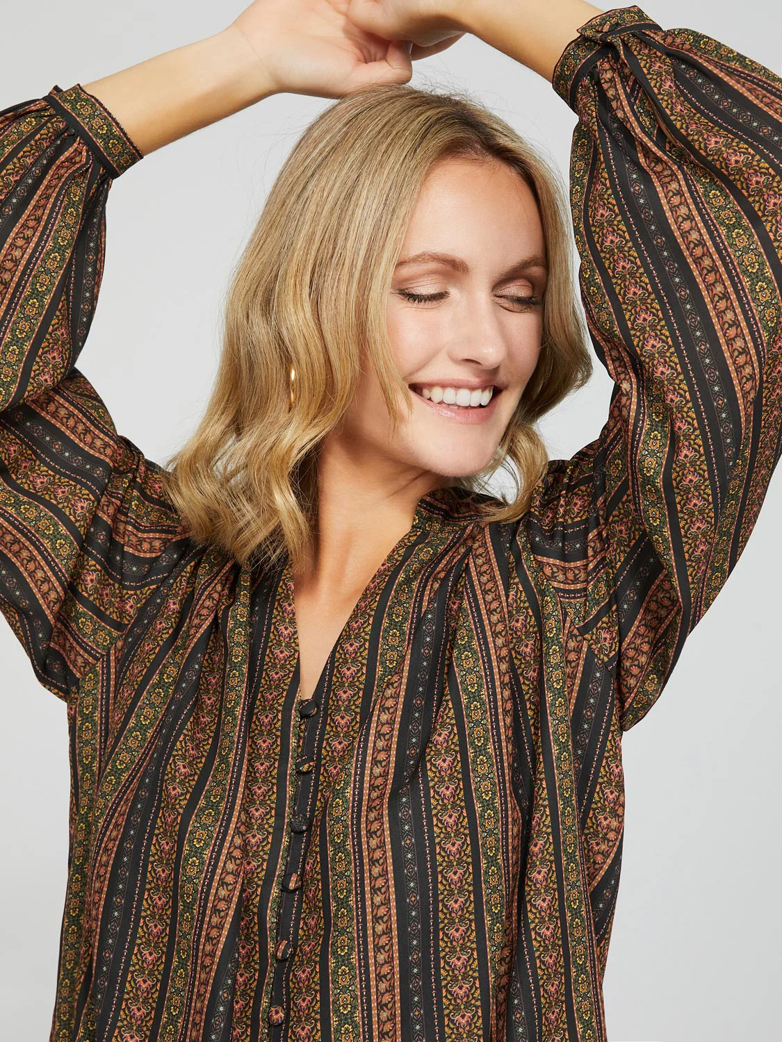 Ribbon Print Button-Front Blouse