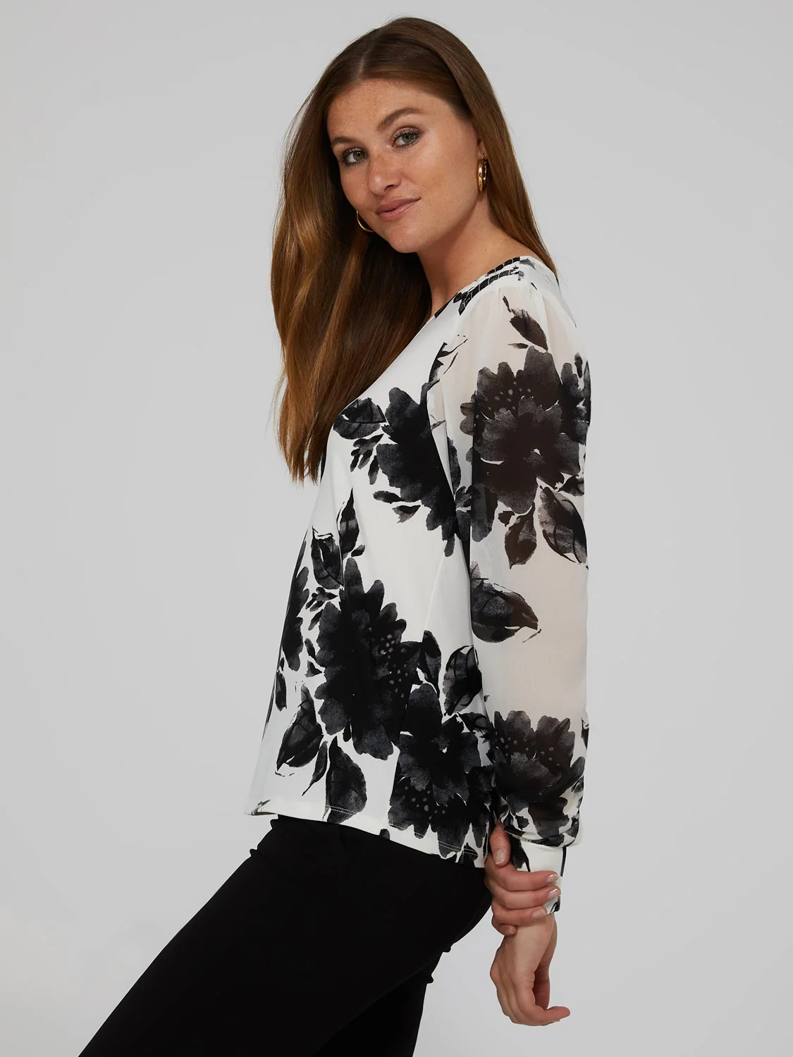 Printed V-Neck Top With Sheer Crepe Chiffon Long Sleeves