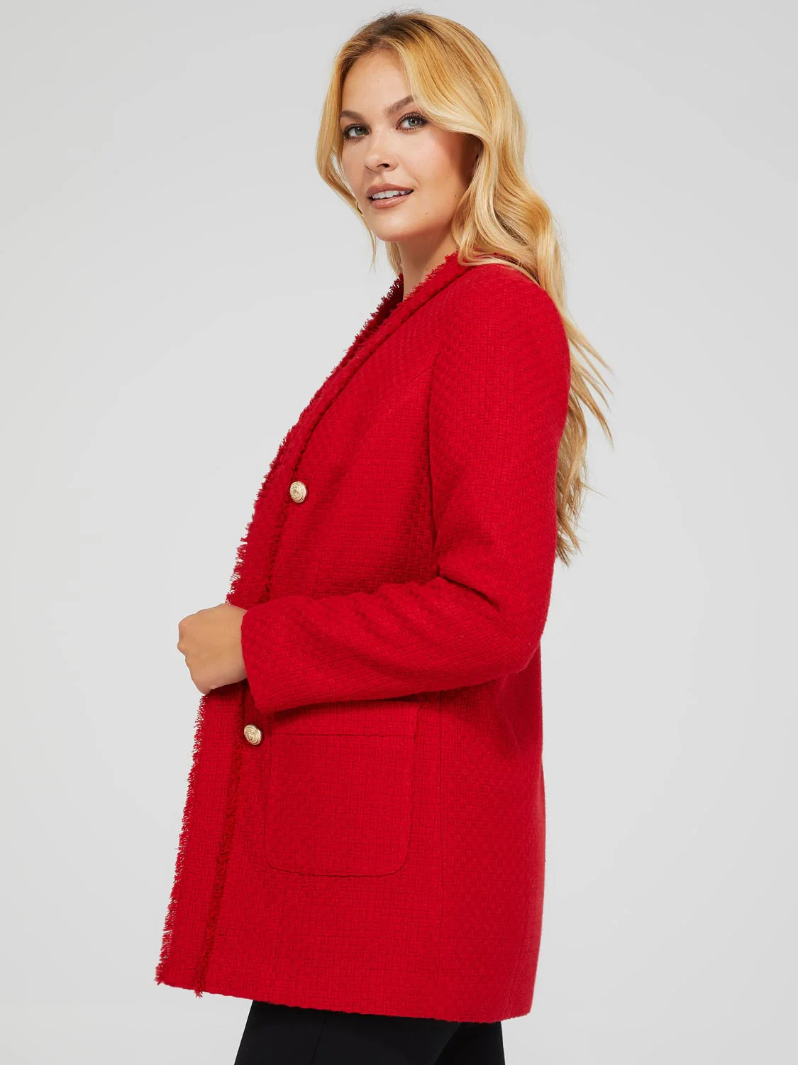 Long Open Boucle Blazer With Fringe Lapels