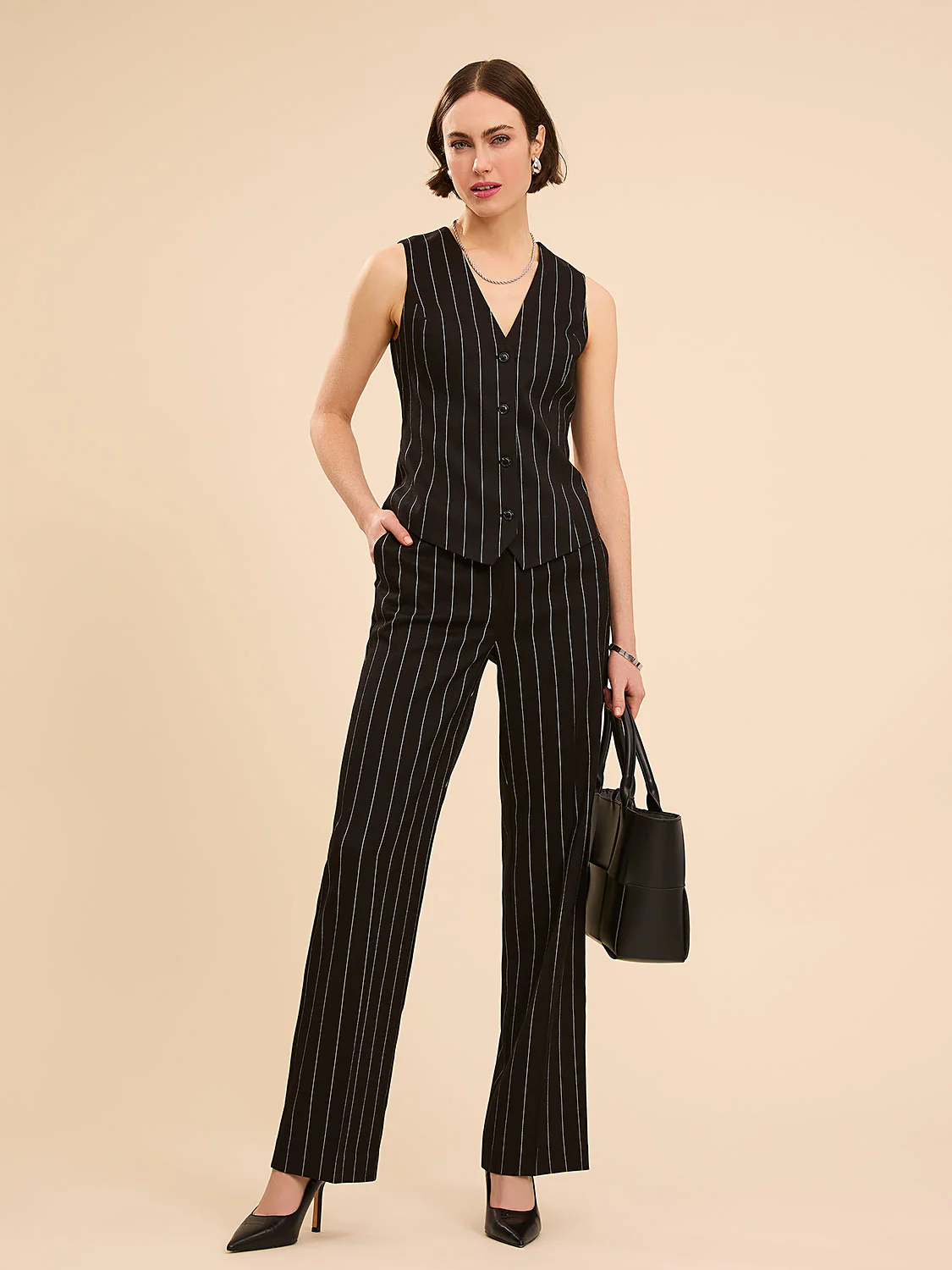 Pinstripe High-Waisted Wide-Leg Pants