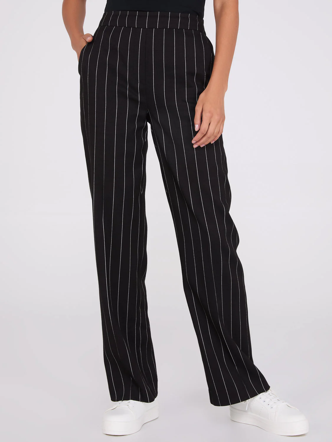 Pinstripe High-Waisted Wide-Leg Pants