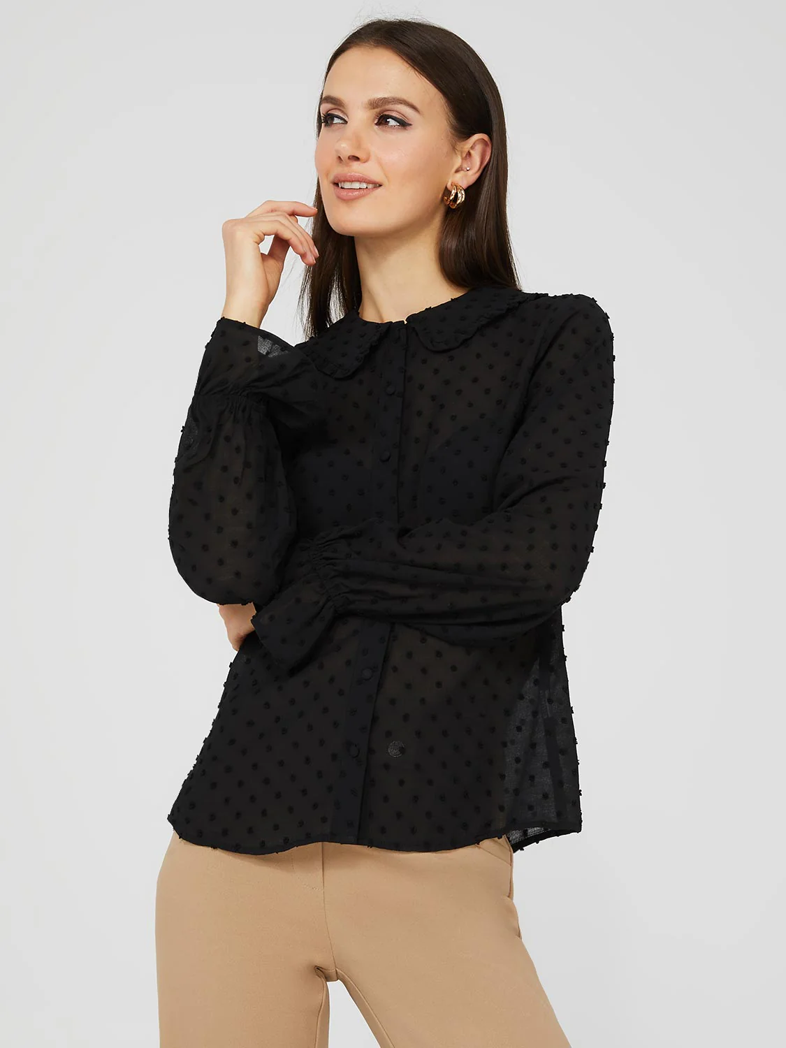 Textured Button-Front Ruffle Collar Blouse