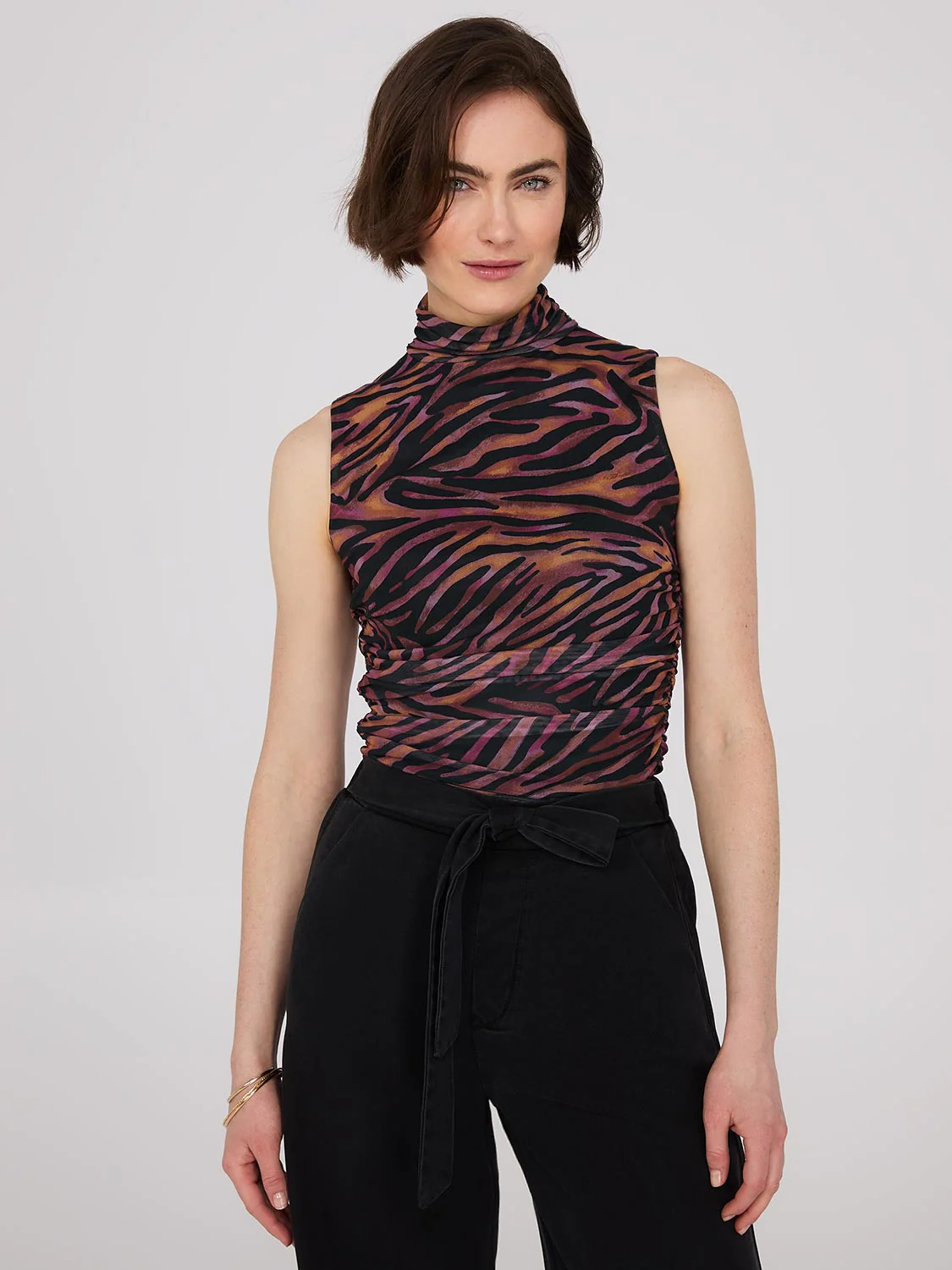 Sleeveless Zebra Print Mock Neck Top