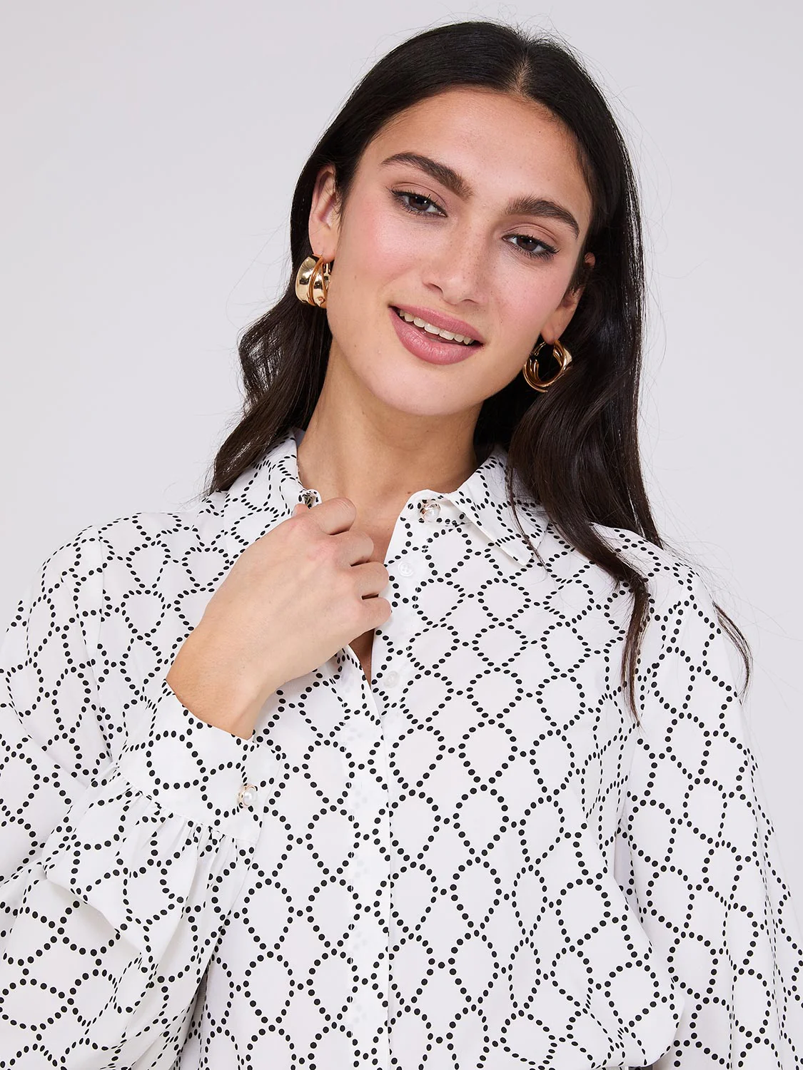 Silky Print Button-Front Blouse