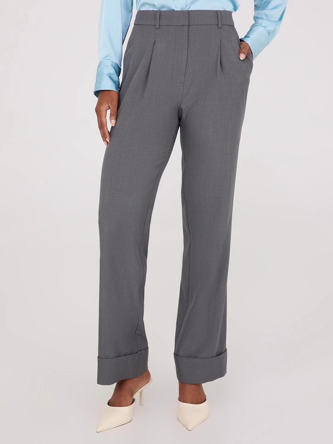Pleated Wide-Leg Long Length Pants With Cuff