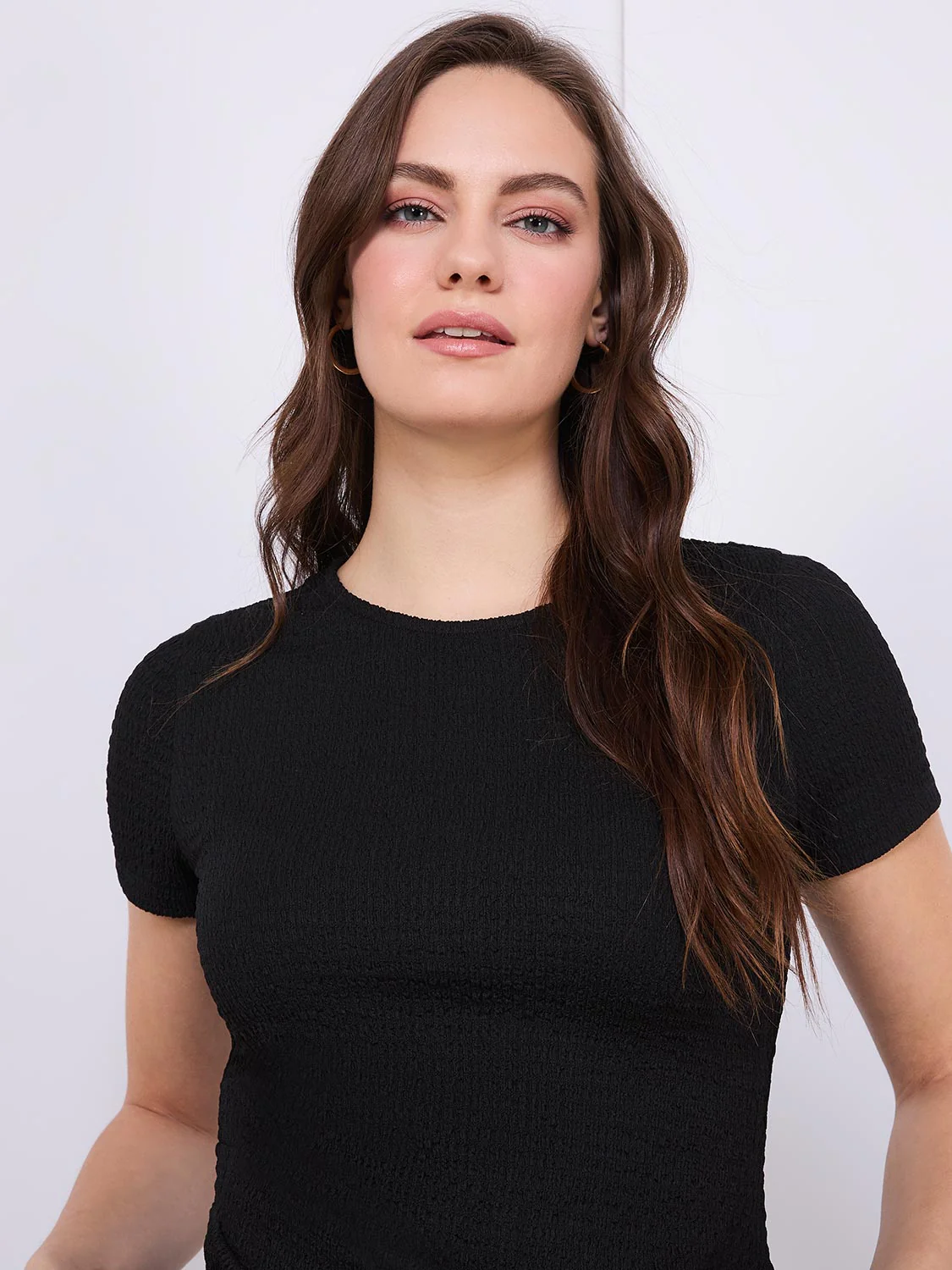 Textured Crew Neck Top With Pleat Details