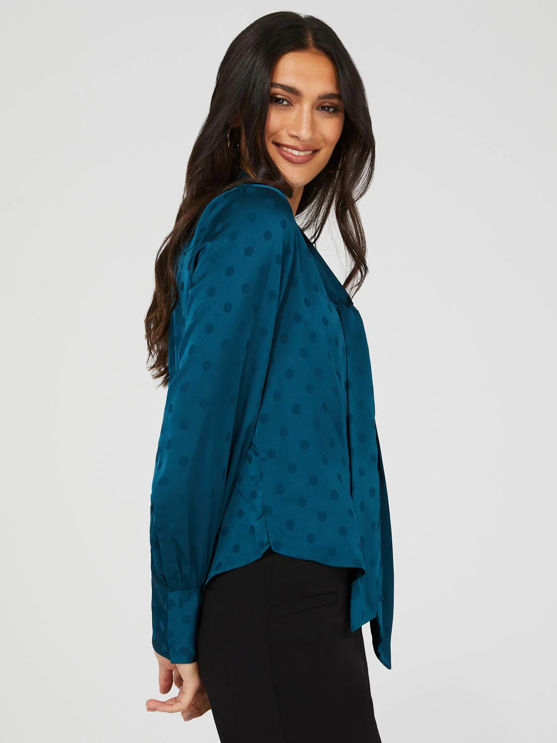 Polka Dot Button-Front Bow Blouse