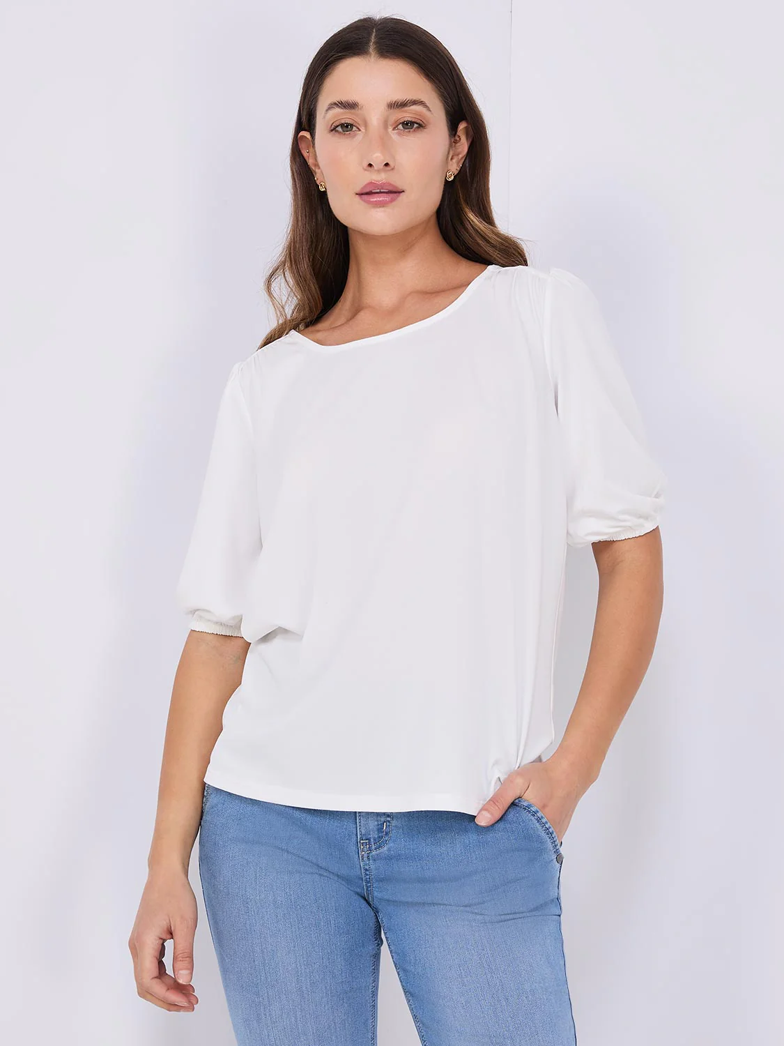 Textured Crepe Balloon Sleeve Top
