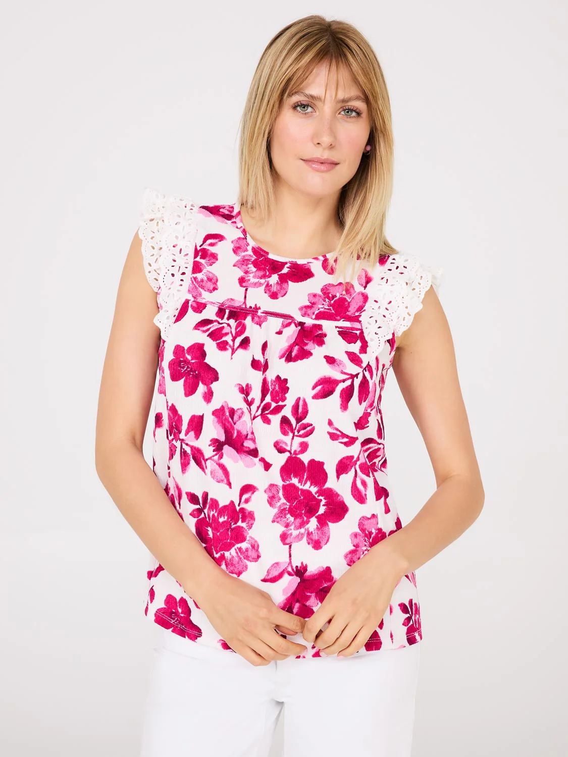 Watercolour Floral Print Top With Eyelet Ruffle Sleeves