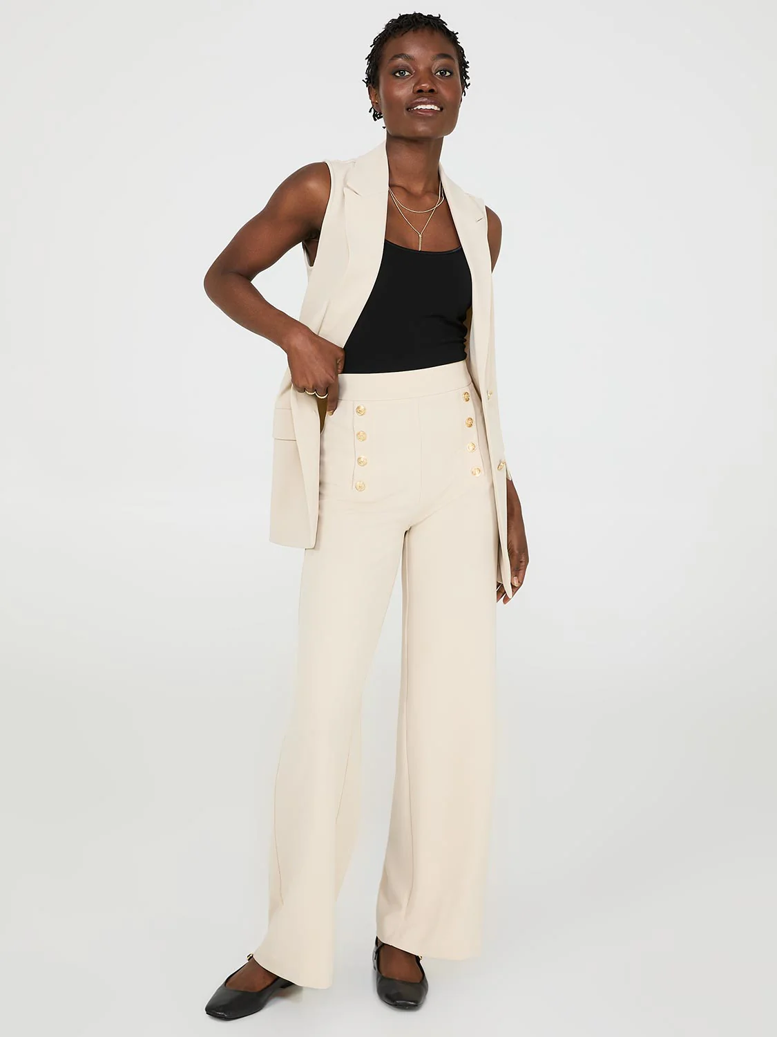 Wide-Leg Ankle Length Pants With Gold Button Details