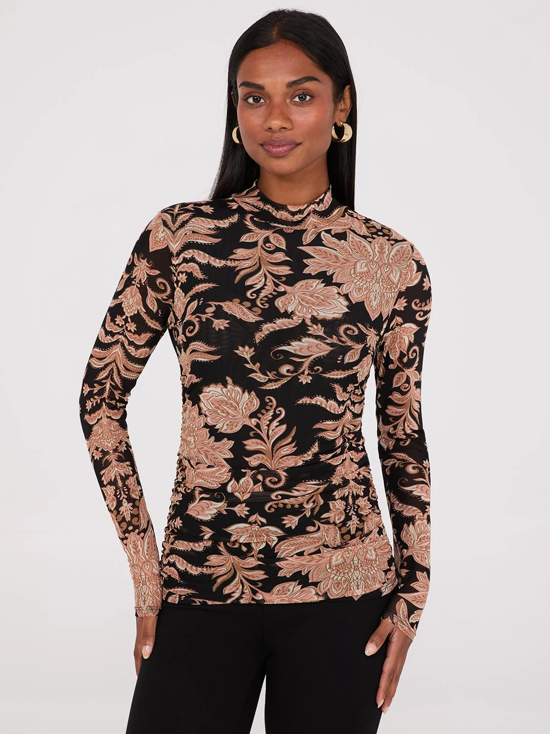 Abstract Print Mock Neck Mesh Top