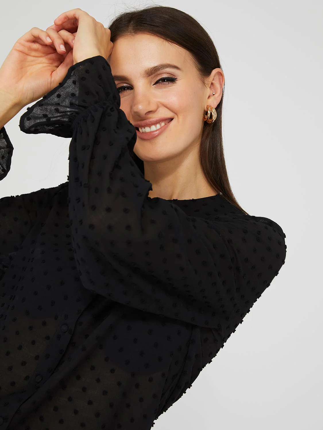 Textured Button-Front Ruffle Collar Blouse