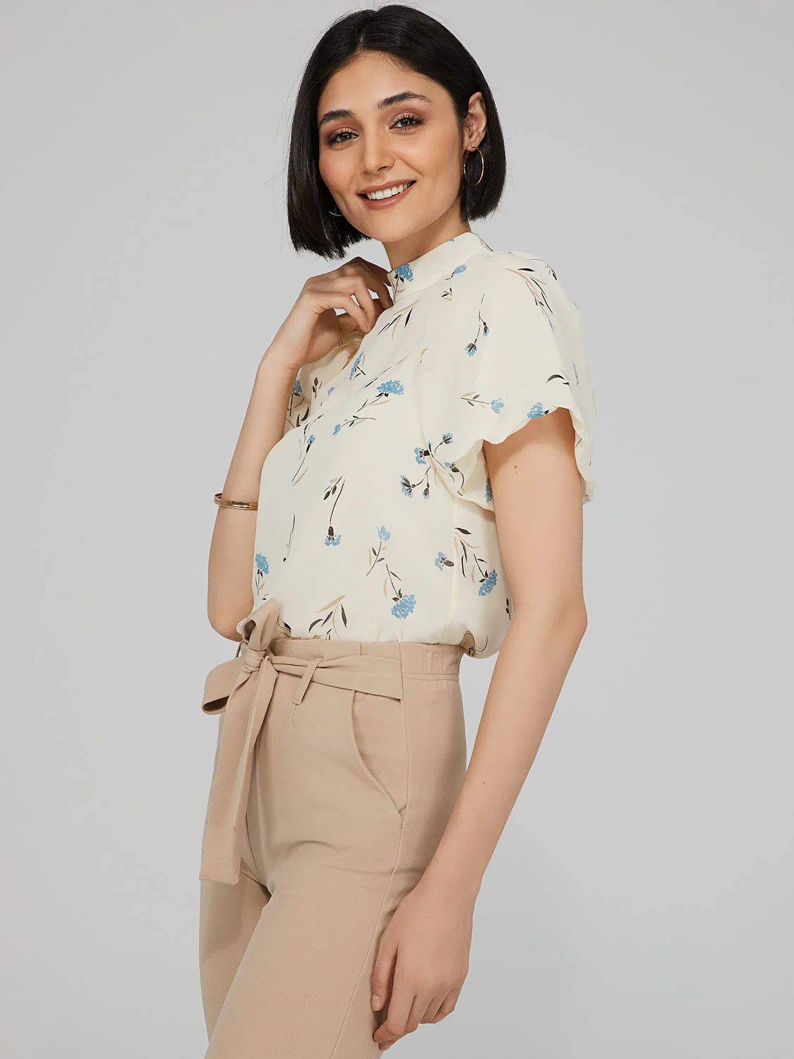 Printed Mock Neck Blouse With Open Back