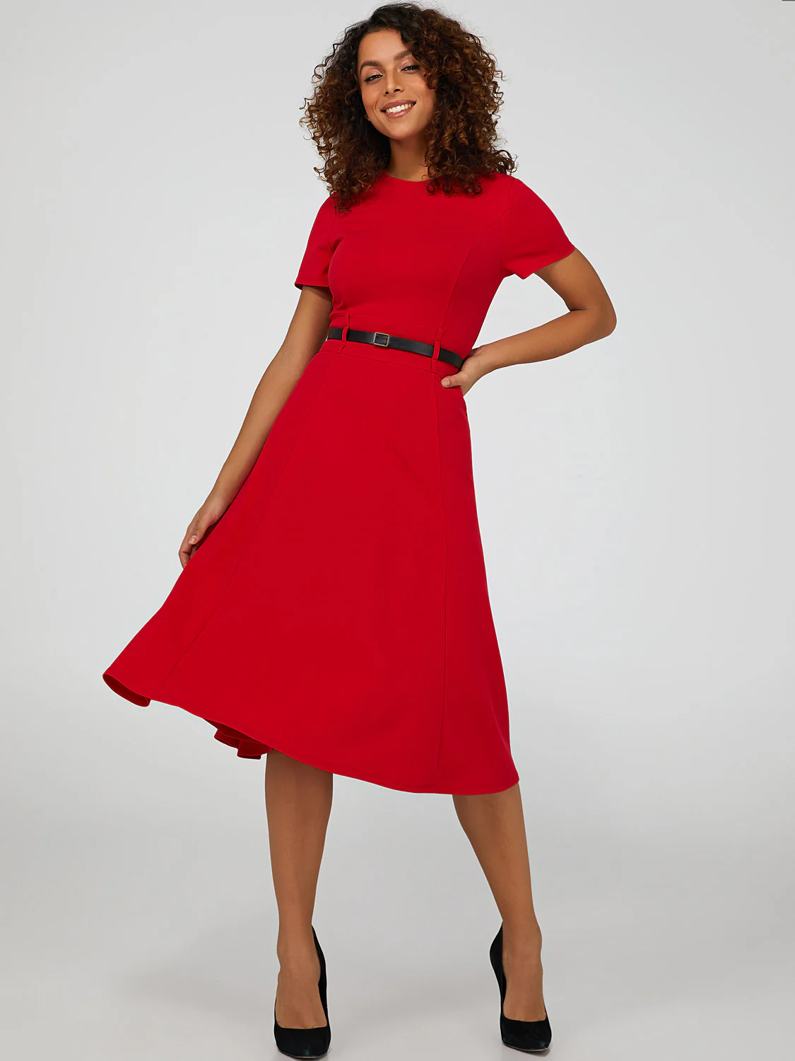 Short Sleeve Midi Dress With Belt