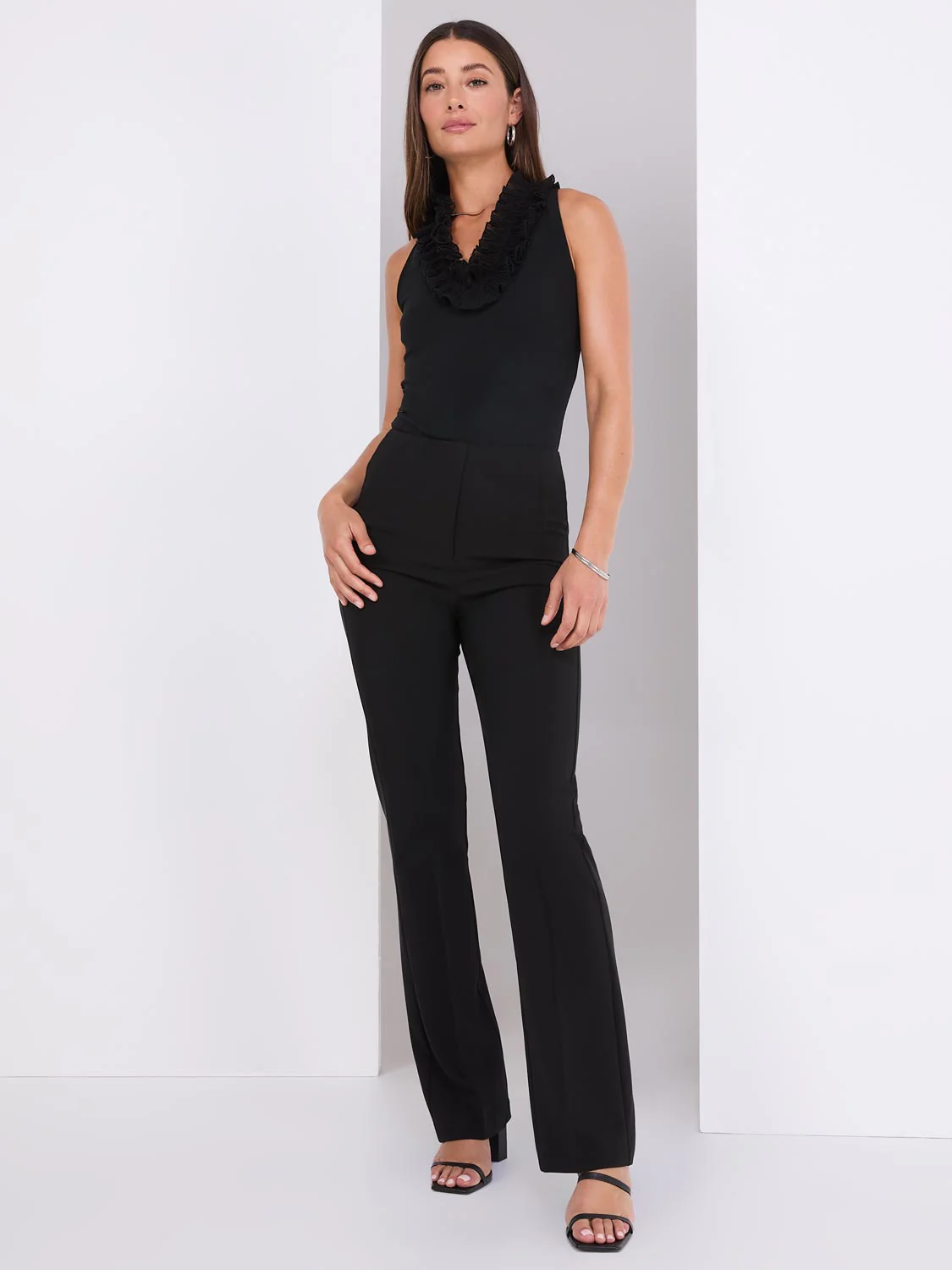 Sleeveless Ruffle V-Neck Scuba Bodysuit