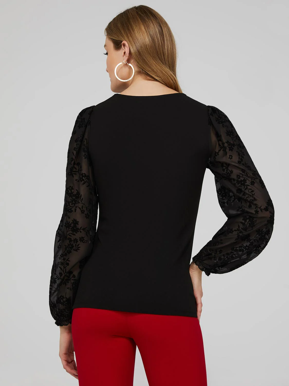 Round Neck Top With Sheer Chiffon Long Sleeves