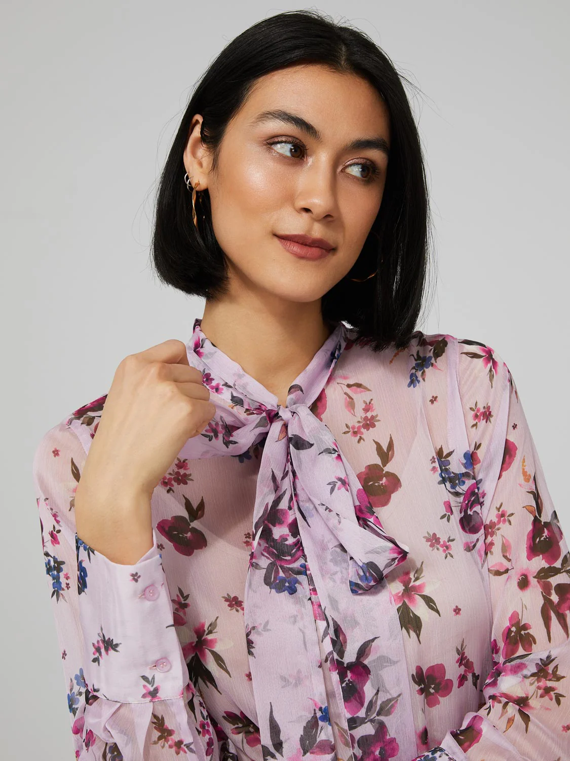 Printed Chiffon Blouse With Neck Tie