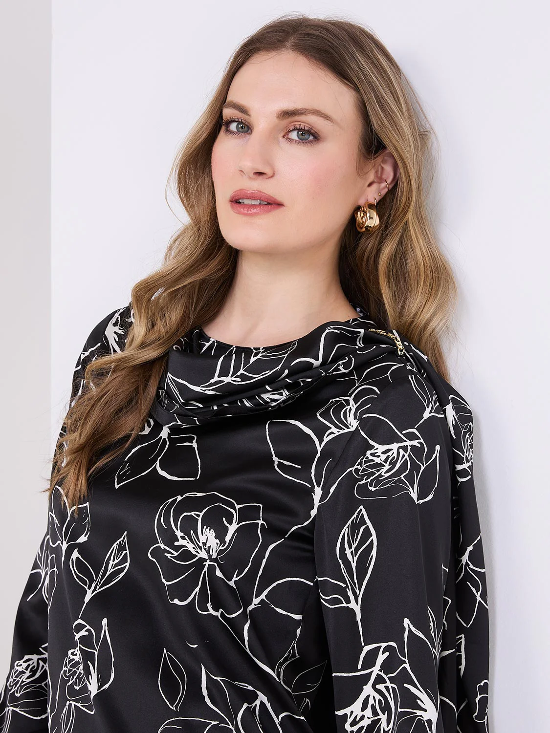 Printed Satin Shawl Top With Gold Chain Detail