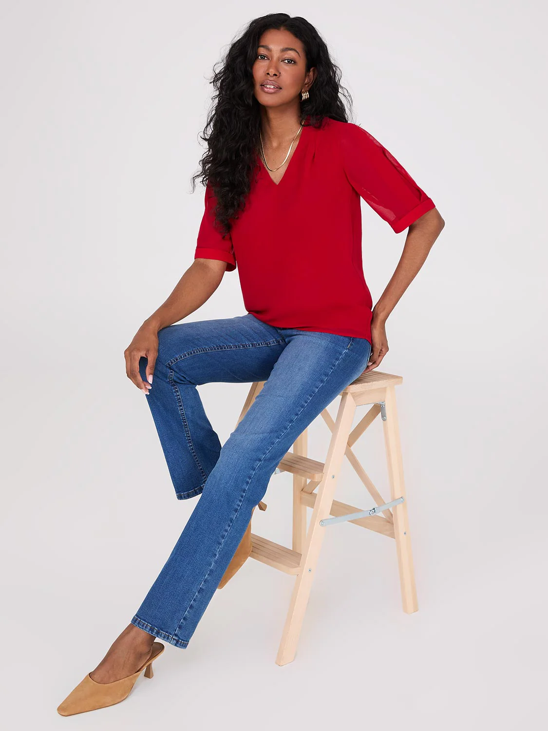 Chiffon V-Neck Pleated Popover Blouse