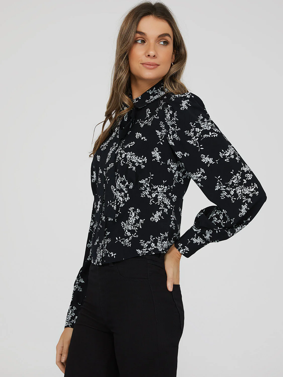 Printed Jewel Button Tie Neck Blouse