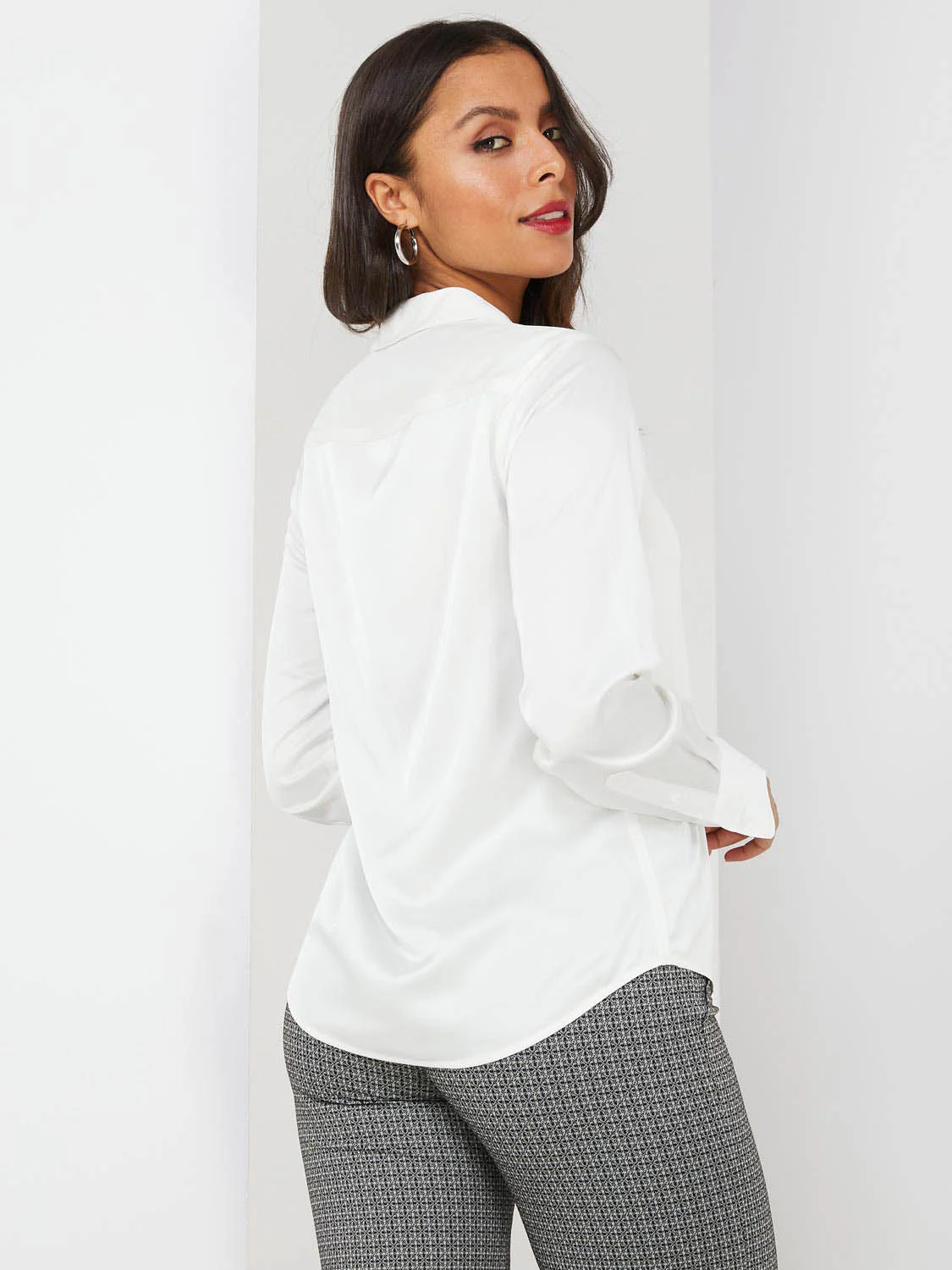 Satin Split Neck Button-Front Blouse