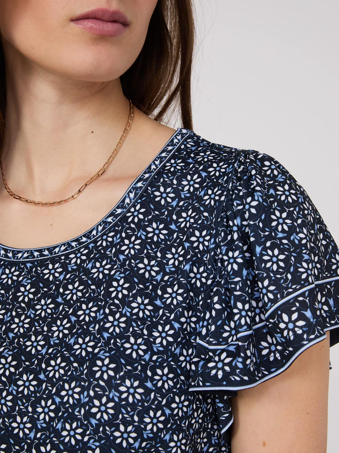 Printed Scoop Neck Flutter Sleeve Jersey Top