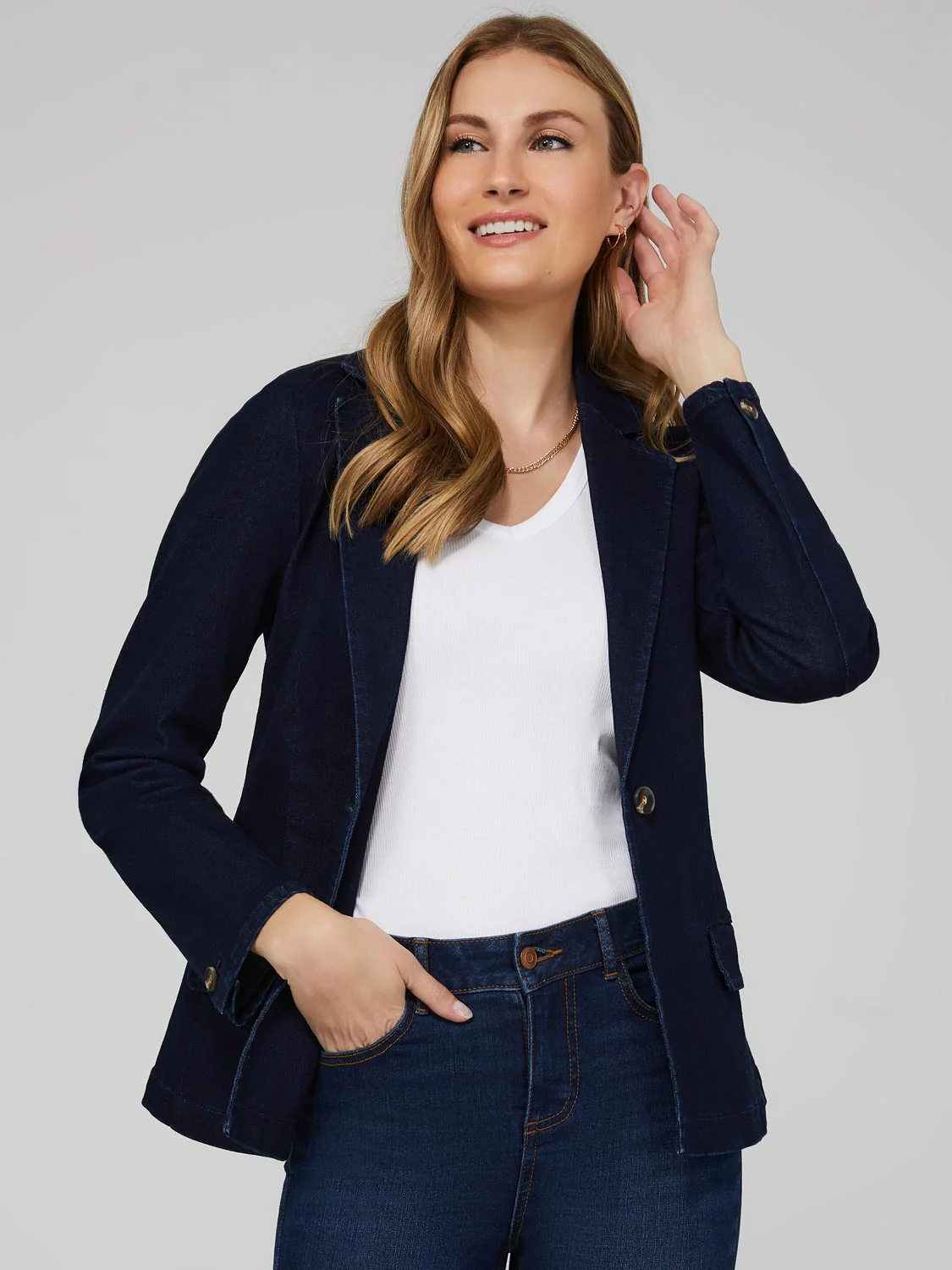 One-Button Denim Blazer With Flap Pockets
