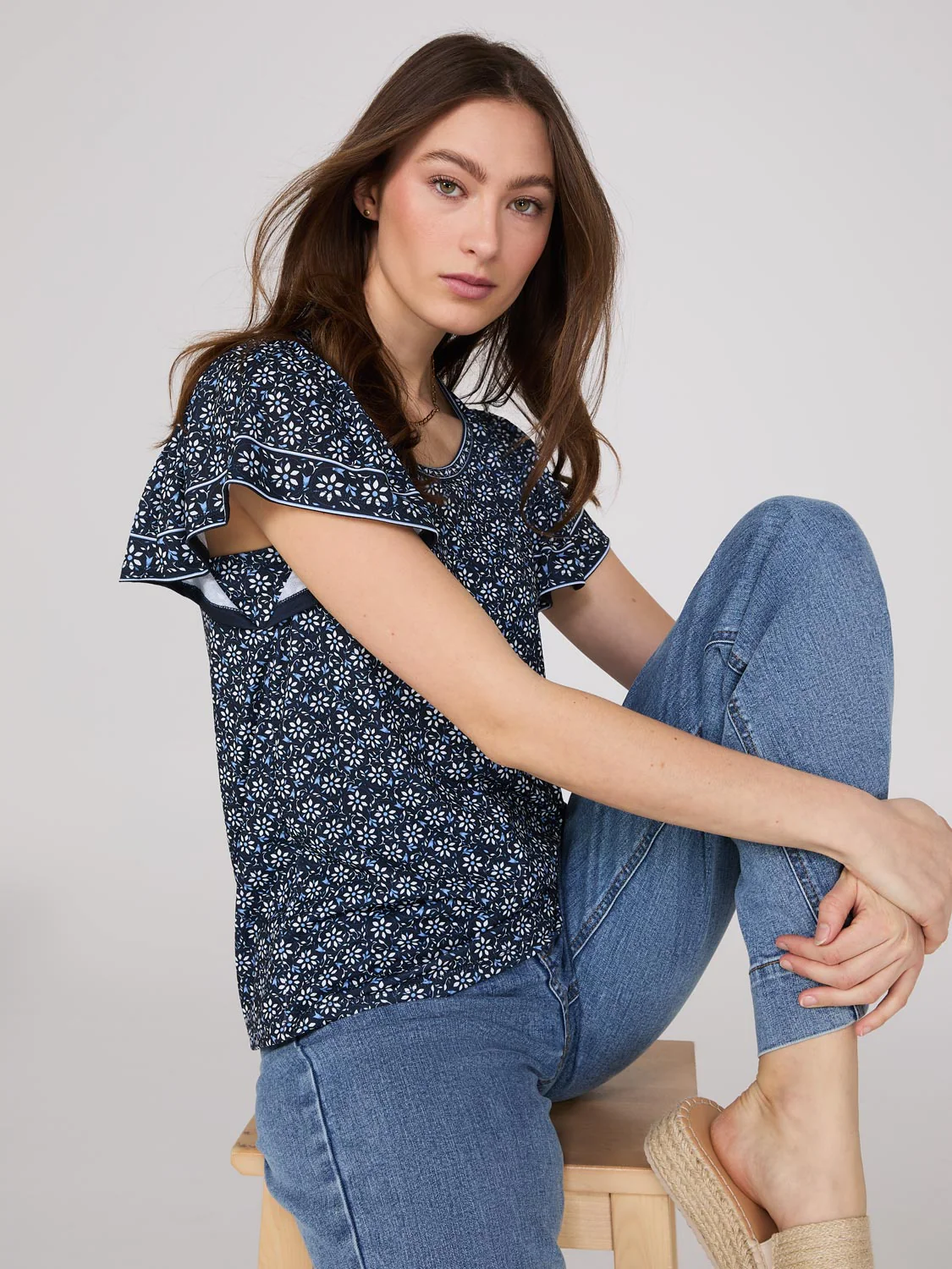 Printed Scoop Neck Flutter Sleeve Jersey Top