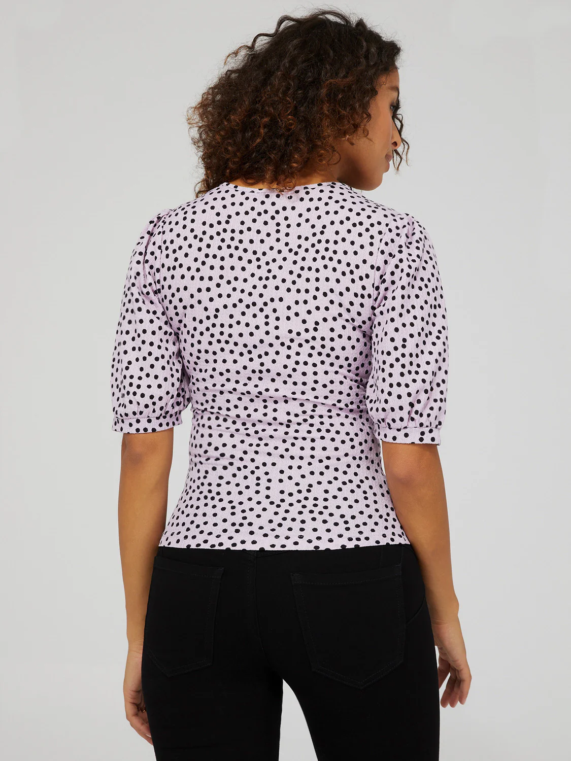 Printed V-Neck Button-Front Top With Puff Sleeves