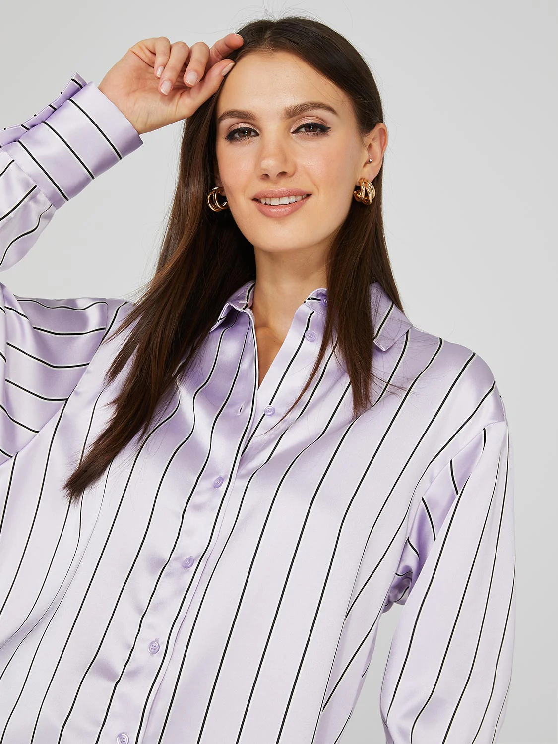 Waisted Striped Satin Button-Front Blouse