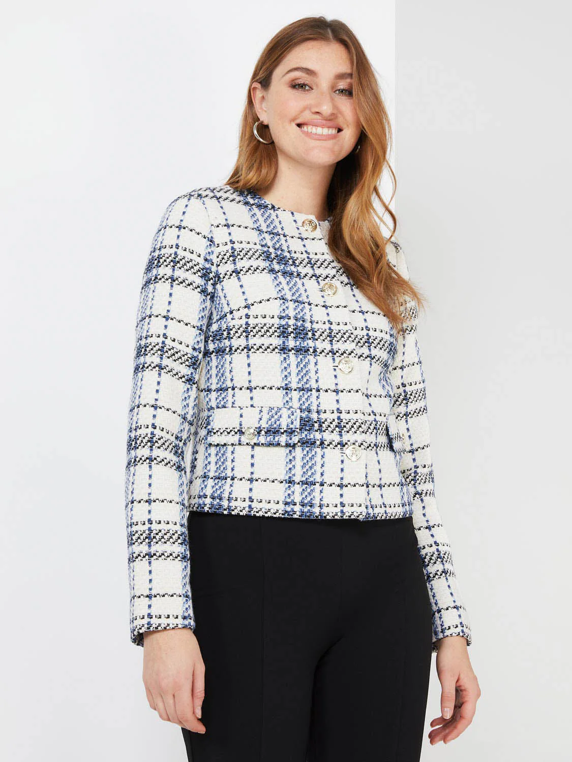 Plaid Boucle Waisted Blazer