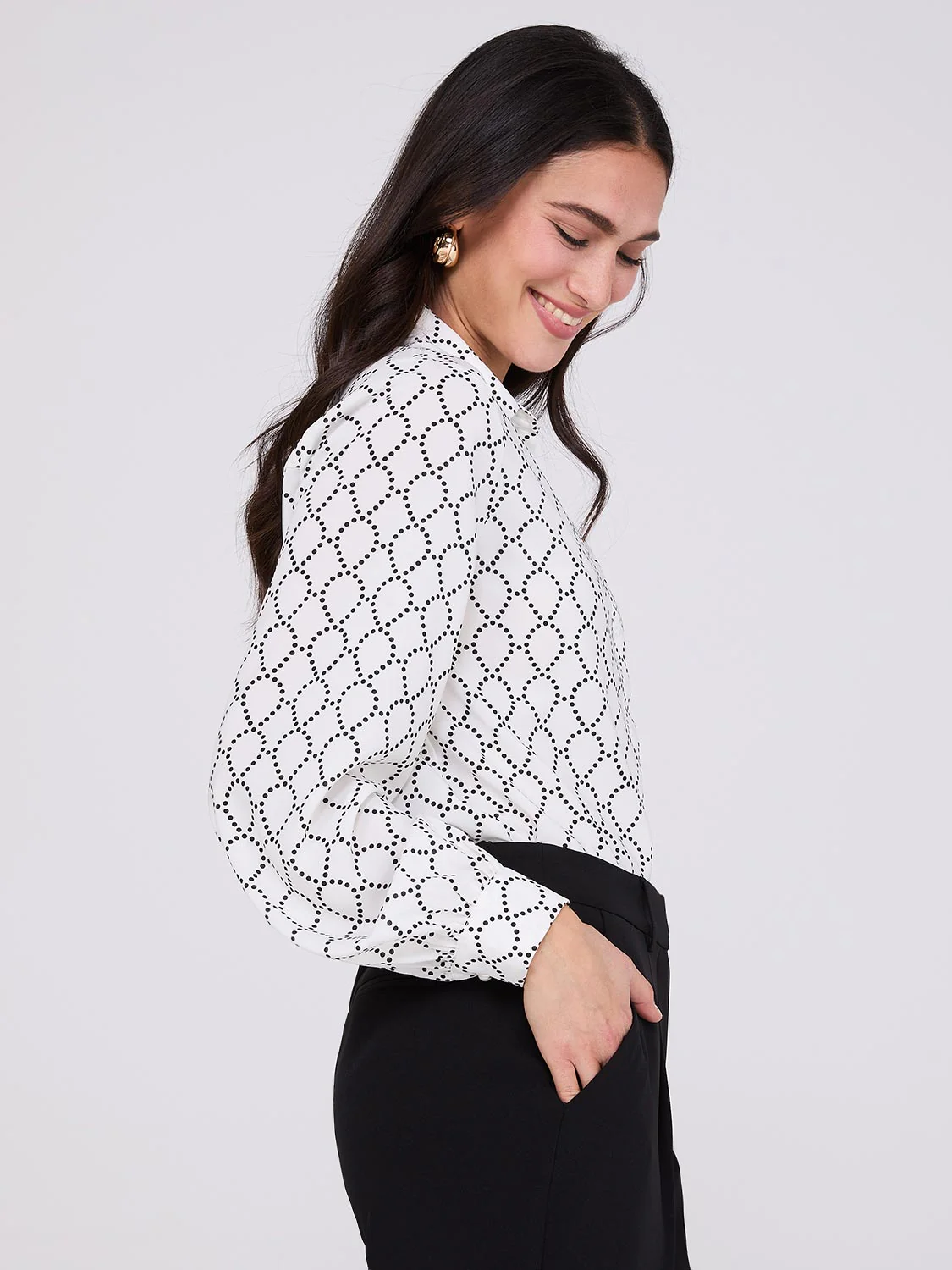 Silky Print Button-Front Blouse