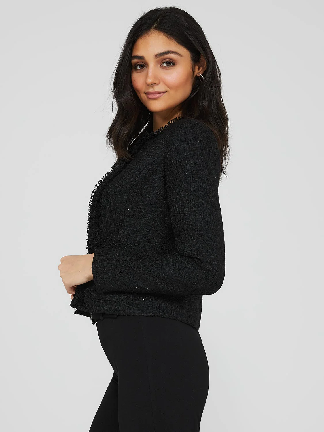 Waisted Boucle Blazer With Fringe Details