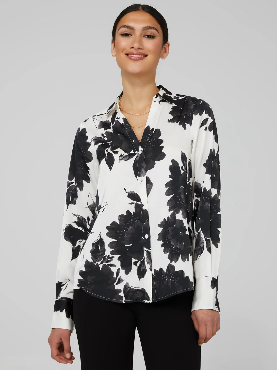 Printed Satin Split Neck Button-Front Blouse