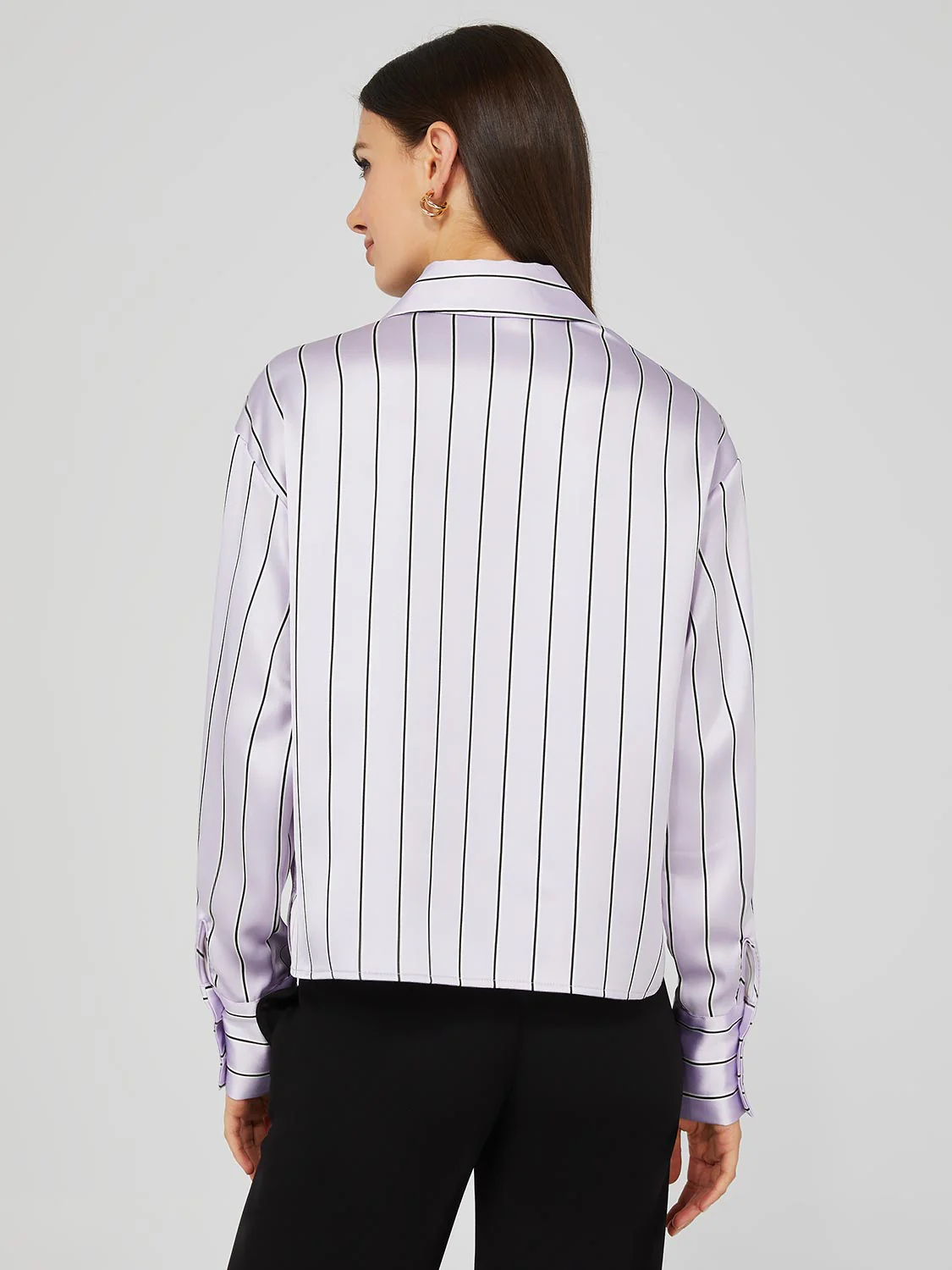 Waisted Striped Satin Button-Front Blouse