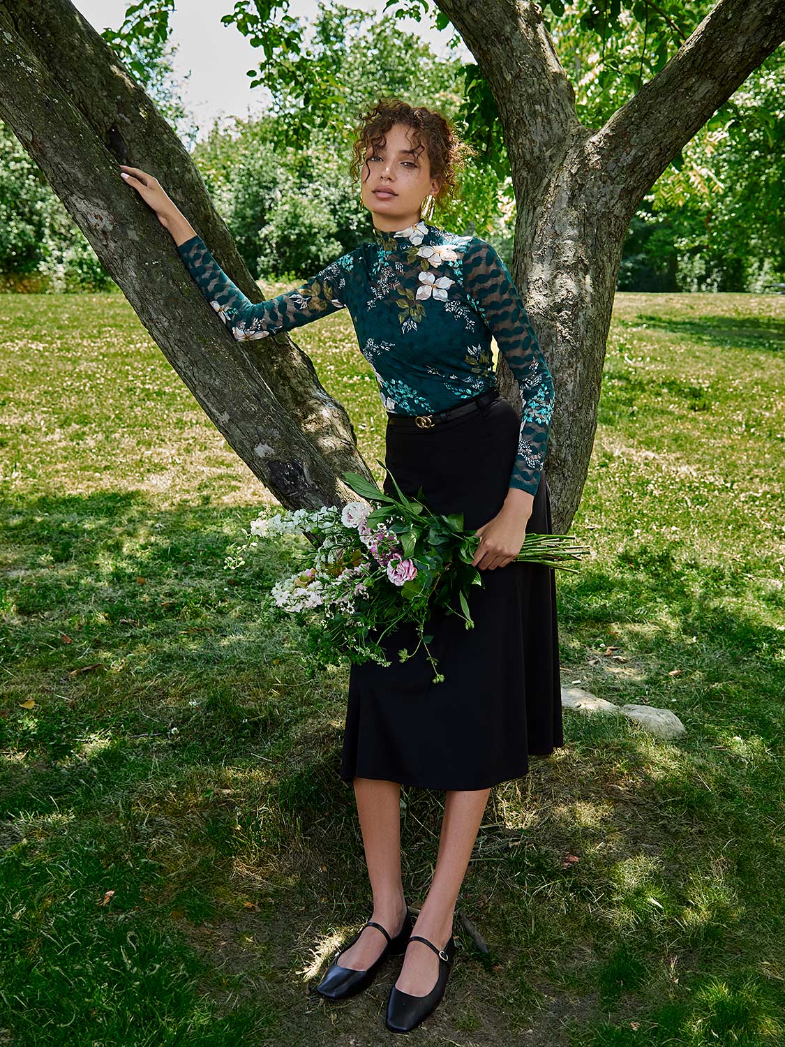 Lace Floral Print Mock Neck Top