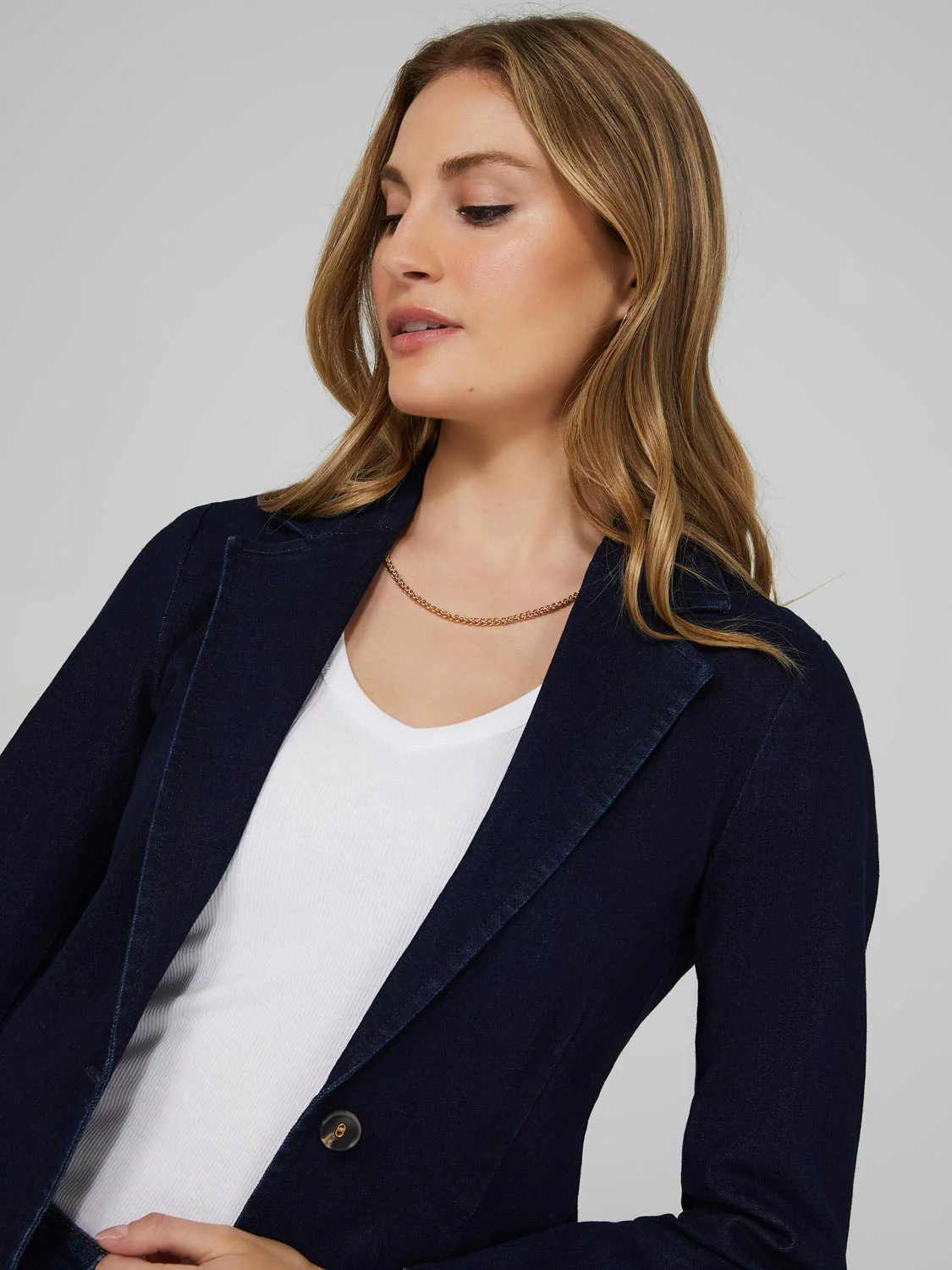 One-Button Denim Blazer With Flap Pockets
