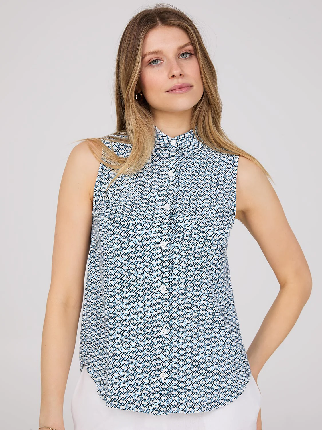 Sleeveless Print Button-Front Blouse
