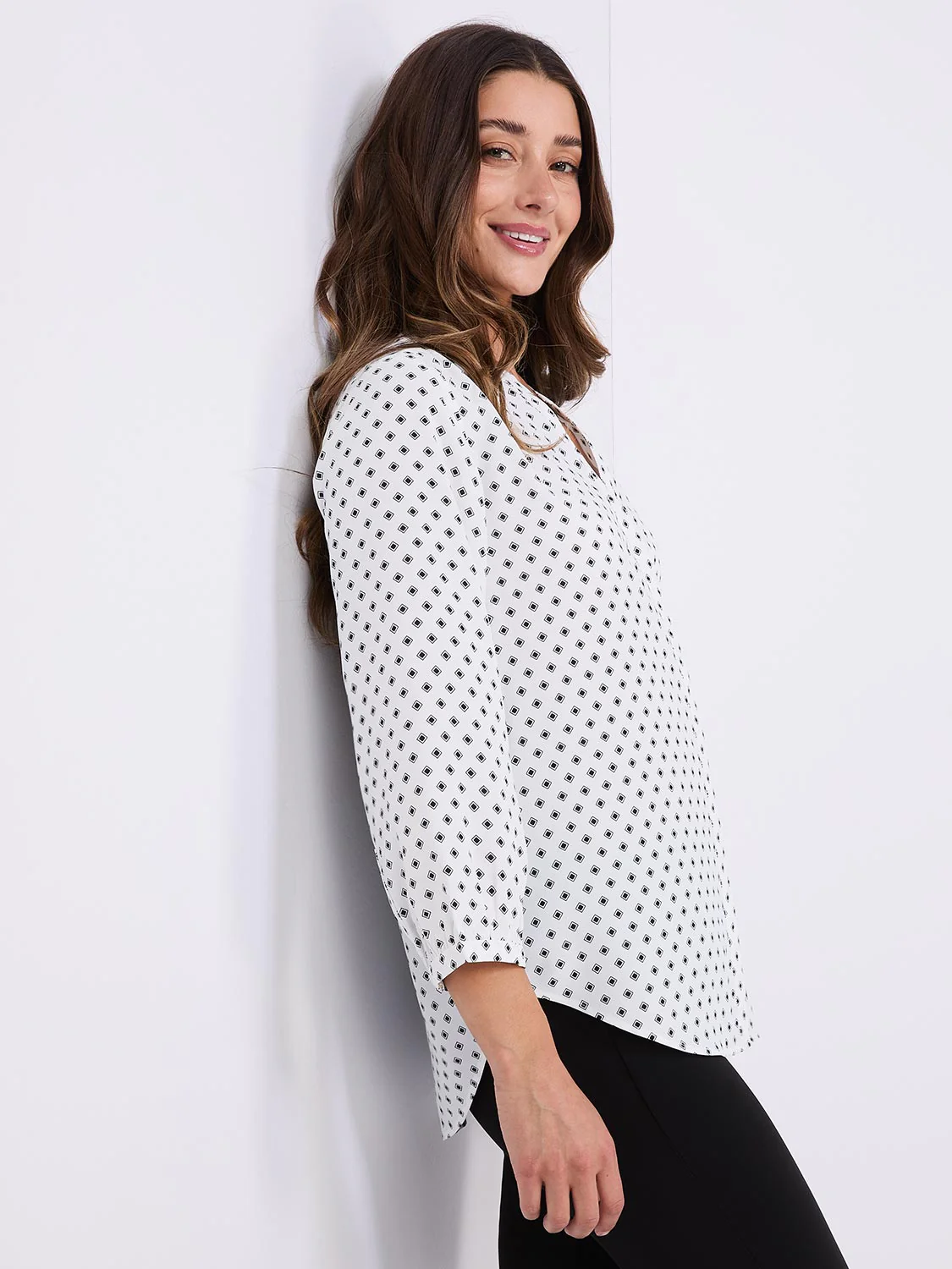 Dot Print Chiffon Split Neck Blouse